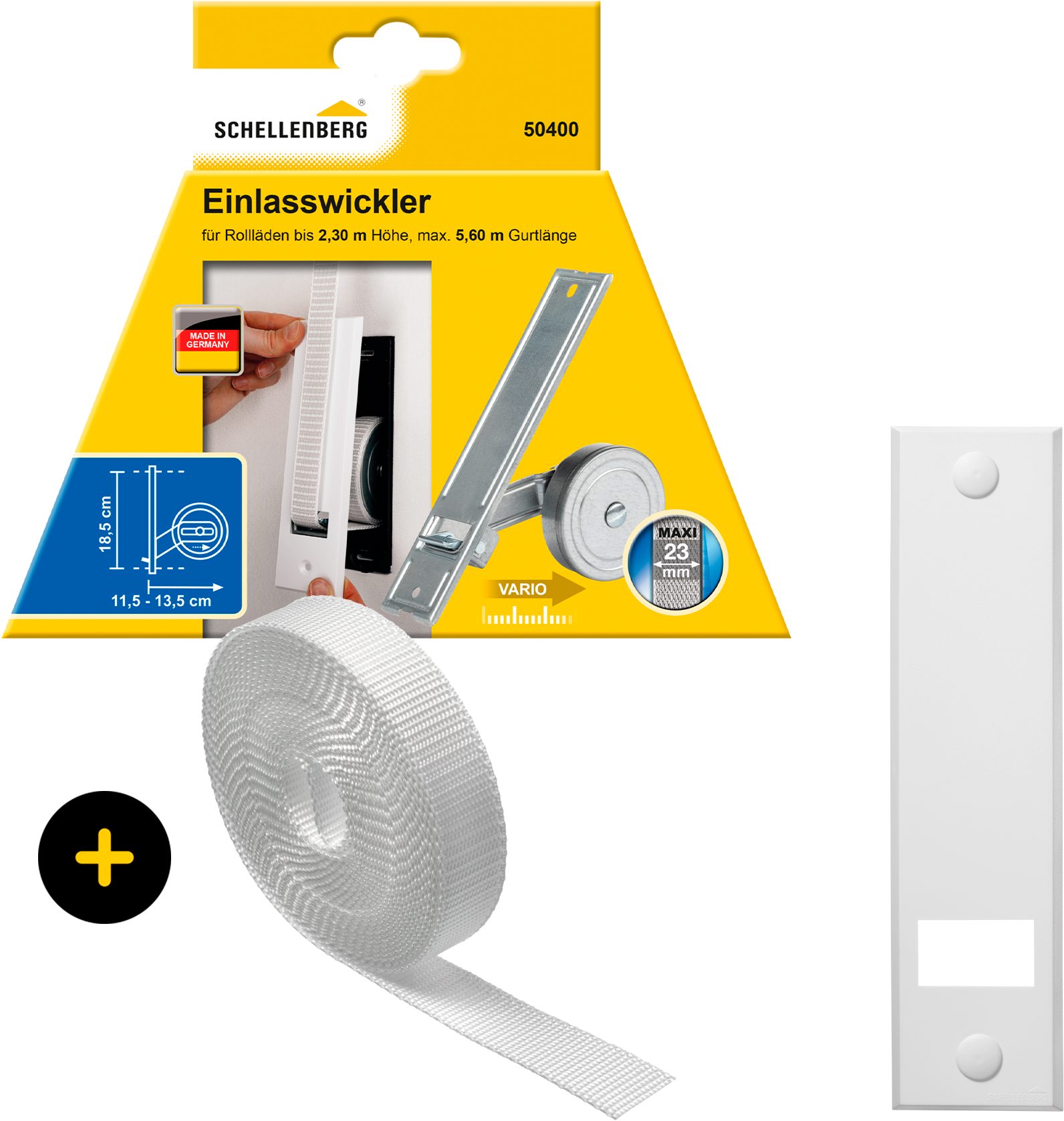 SCHELLENBERG Einlass-Gurtwickler "Unterputz, inkl. Abdeckplatte weiß und Rollladengurt in grau oder weiß", 1 Stk., weiß, Gurtwickler, 18,5 cm
