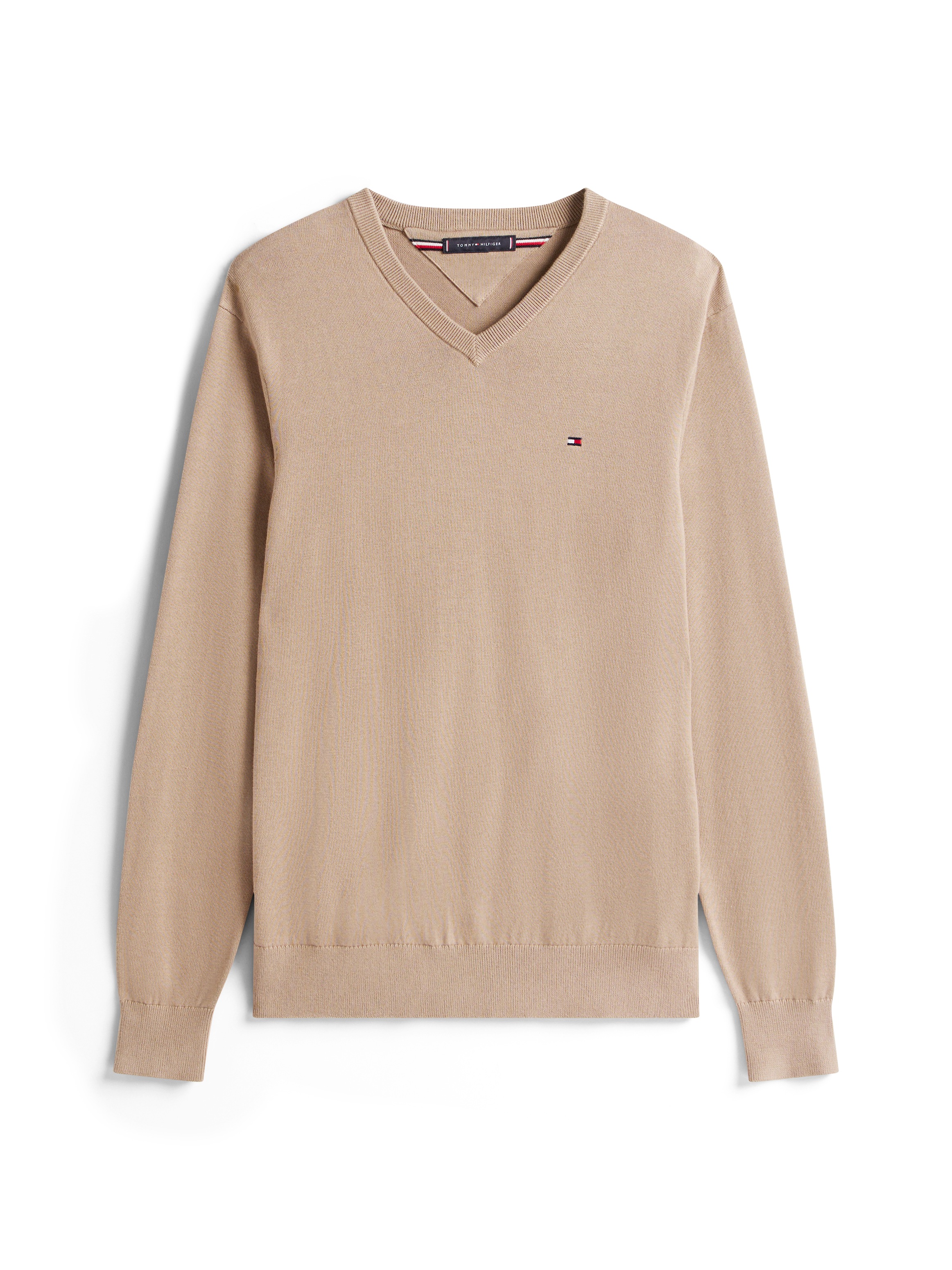 Tommy Hilfiger Strickpullover »ESSENTIAL COTTON V NECK mit V-Ausschnitt und Stickerei«, unifarben, casual, regular fit, Baumwolle, V-Ausschnitt