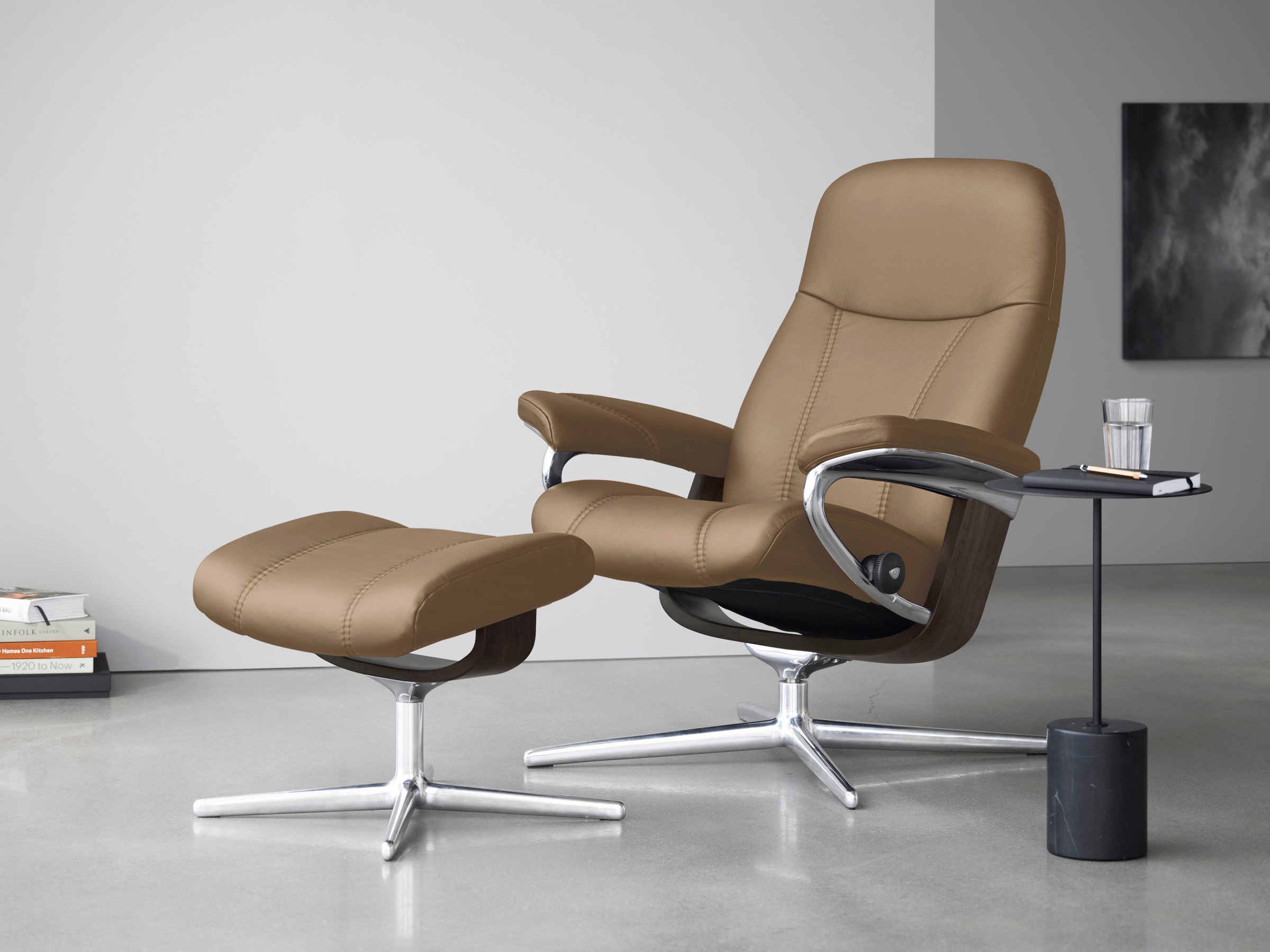 Stressless Relaxsessel "Consul" Set, Relaxsessel mit Hocker, mit Hocker, mit Cross Base, Größe S, M & L, Holzakzent Wenge