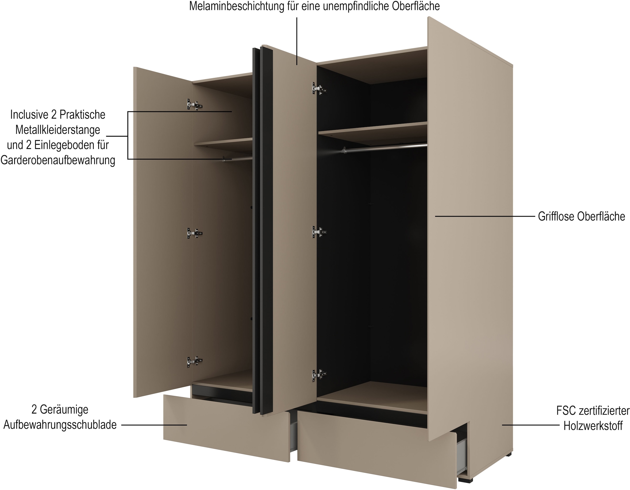 INOSIGN Schlafzimmer-Set »Cross, moderne, grifflose Optik, FSC-zertifiziert«, (4 tlg., Bett 180x200cm, 2 Nachtkommoden, Schrank 2-oder 4-türig), Komplettschlafzimmer-Set