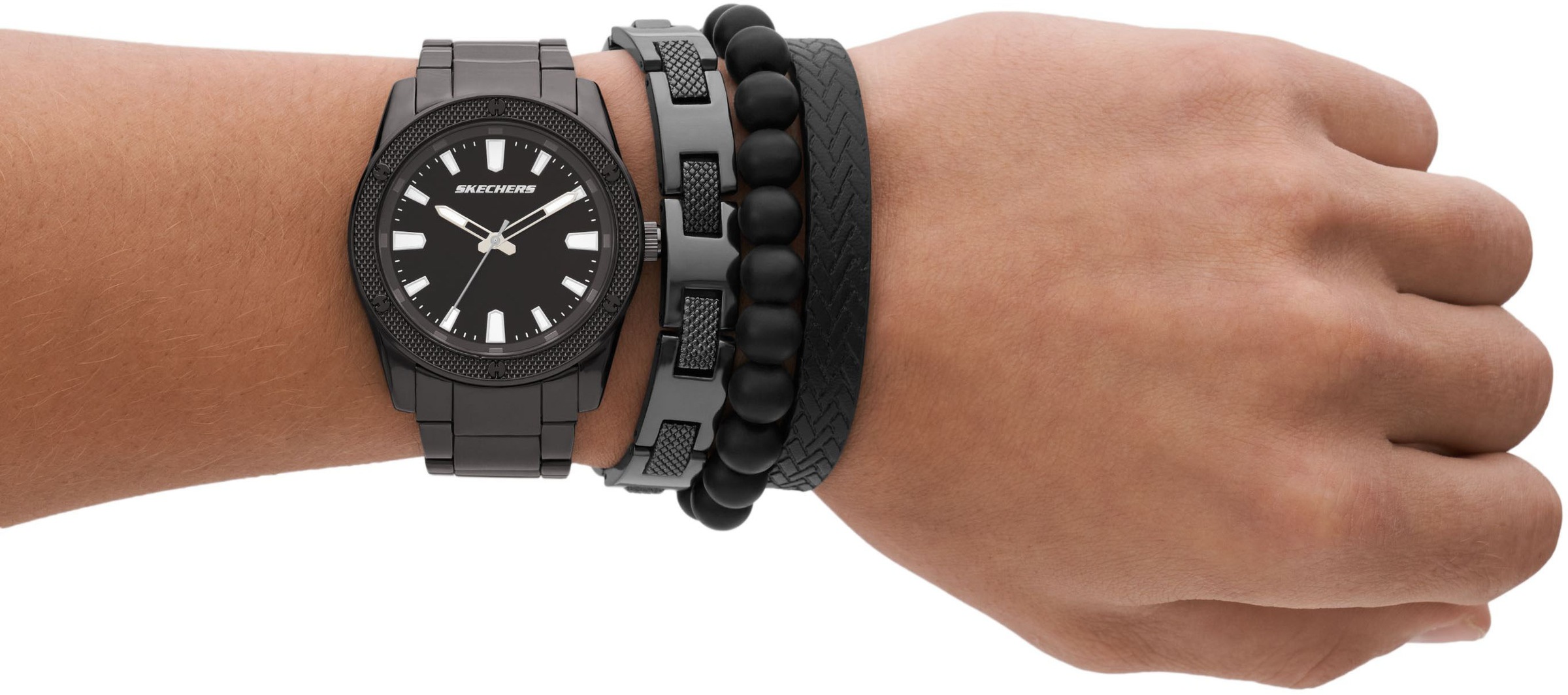 Skechers Quarzuhr »KNURLING BRACELET SET«, (Set, 4 tlg., mit 3 Schmuckarmbändern), Armbanduhr, Herrenuhr, analog, Leuchtindizes, Geschenkidee