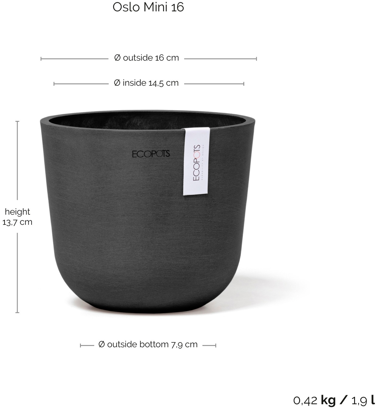 ECOPOTS Blumentopf »Oslo Mini 16 Dunkelgrau«, für den Innenbereich
