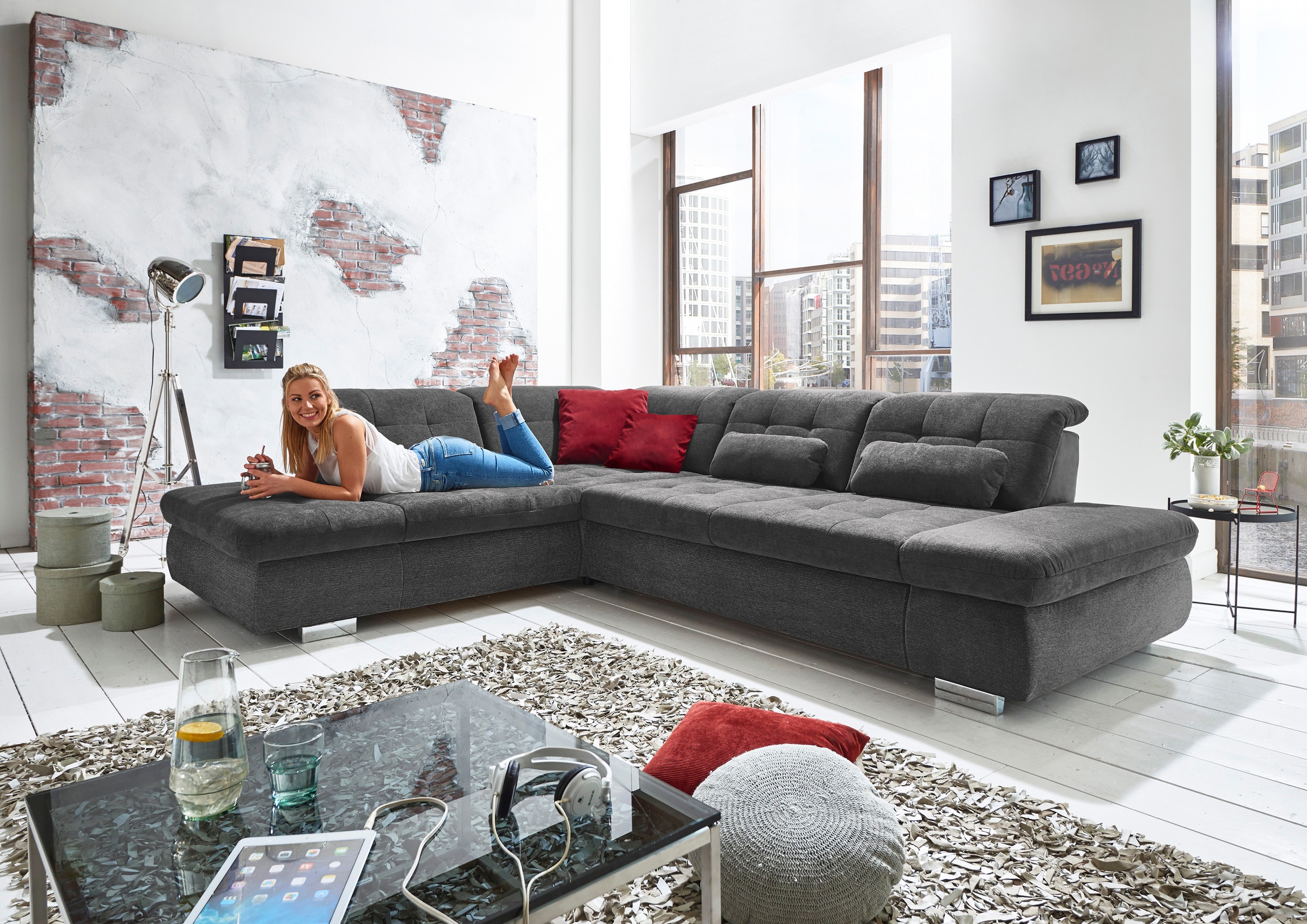 Ecksofa DIE PLANBAR "MP-IN17004 L-Form, Breite 323 cm, wahlweise weitere Funktionen", grau (anthrazit), B:323cm H:84cm T:124cm, 100% Polyester, Sofas, Ecksofa, Kaltschaum-Polsterung, inkl. Sitztiefenverstellung