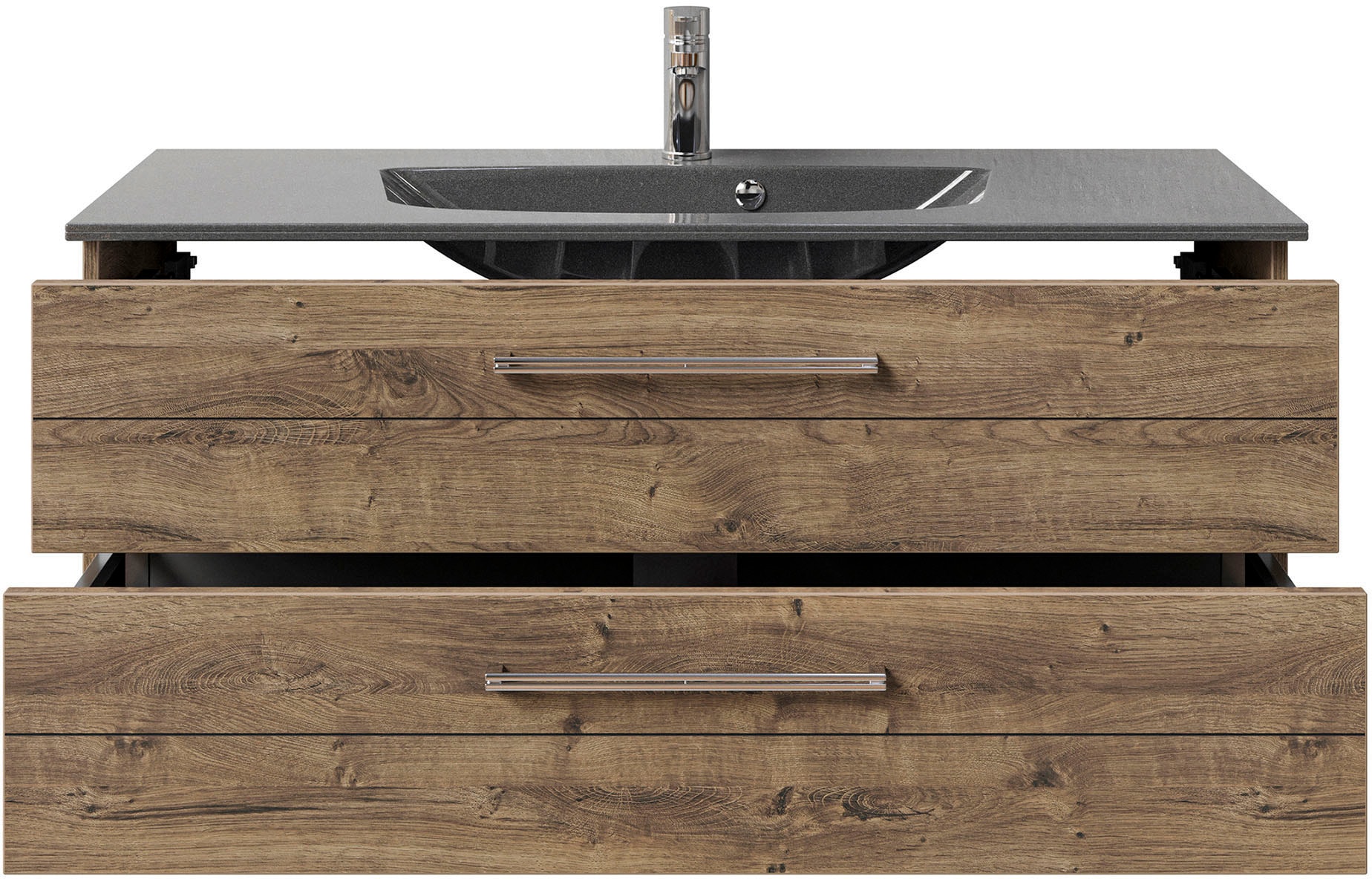 Saphir Badmöbel-Set »Serie 6025 2-teilig Mineralmarmor-Waschtisch mit LED-Spiegelschrank«, (2 St.), Waschplatz 117cm breit, 2 Schubladen, 3 Spiegel-Türen, inkl Türdämpfer