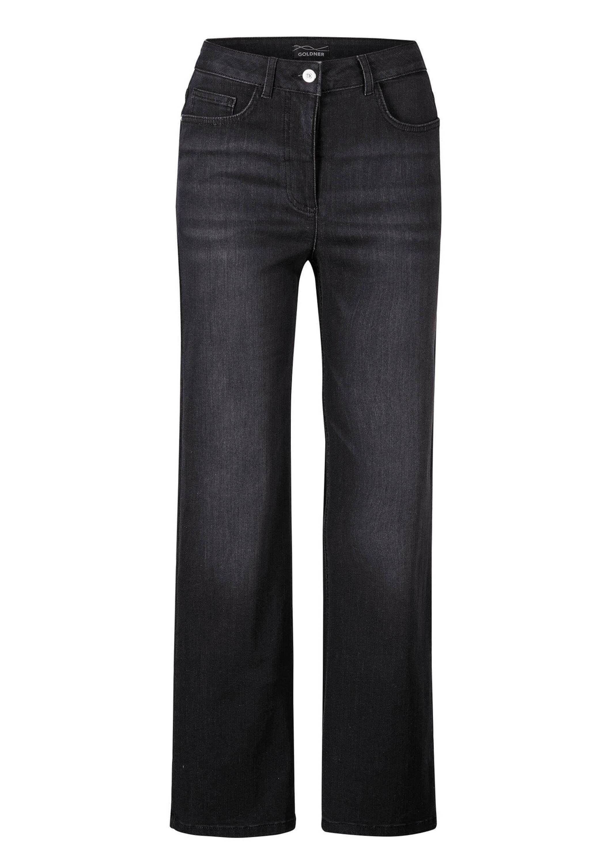 GOLDNER Damen Stretch-Jeans "Denim Jeans mit weitem Bein", schwarz, Gr. 44, Obermaterial: 83% Baumwolle CO. 15% Polyester PES. 2% Elasthan EL., Jeans