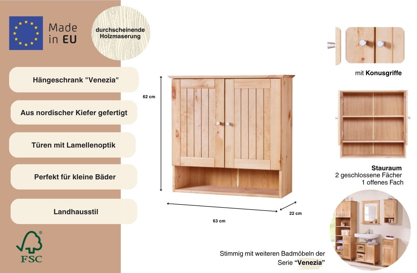 welltime Hängeschrank »Venezia« Badmöbel, aus massiver Kiefer, 2 Türen, Breite 63 cm