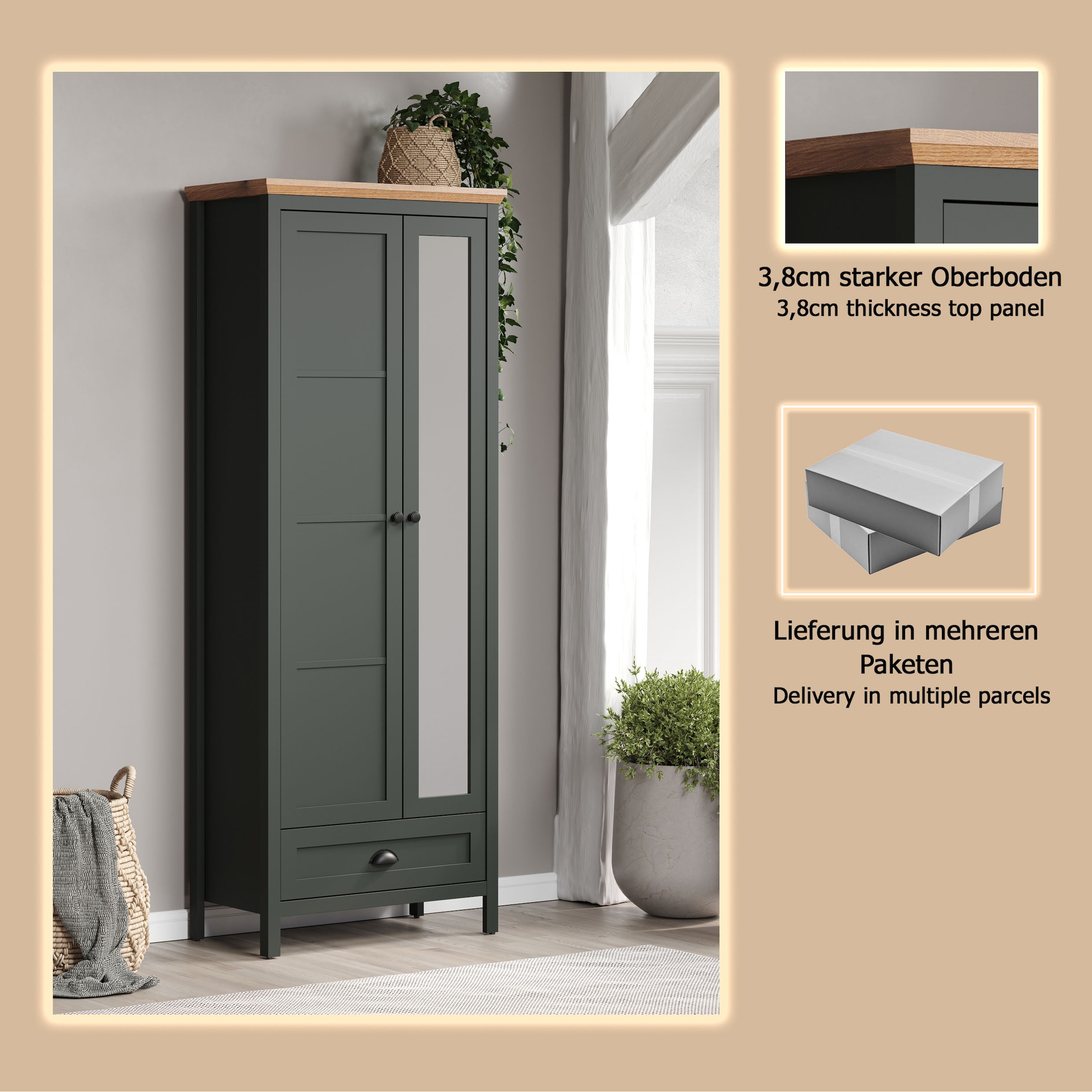 Home affaire Garderobenschrank »Vienna«, (1 St.), Garderobenschrank, 2 Türen, 1 Schubkasten & Vollauszug 77/39/198 cm