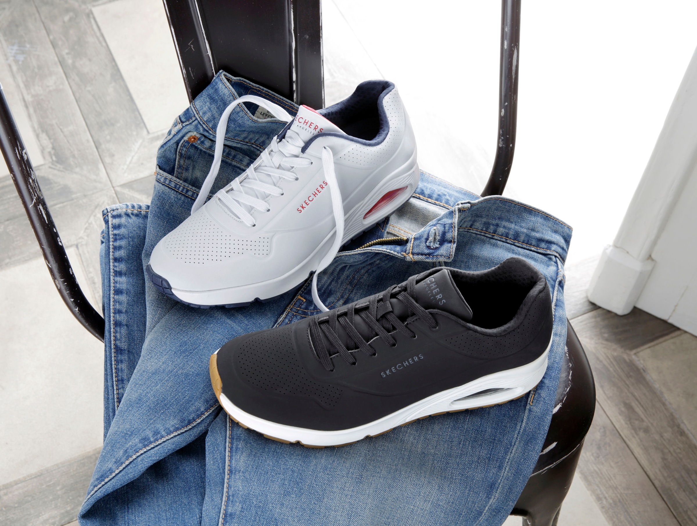 Sneaker SKECHERS "Uno - Stand on Air", Herren, Gr. 48,5, weiß (weiß, rot, blau), Synthetik, Schuhe Sneaker, Freizeitschuh, Halbschuh, Schnürschuh mit extra Dämpfung, Topseller 3