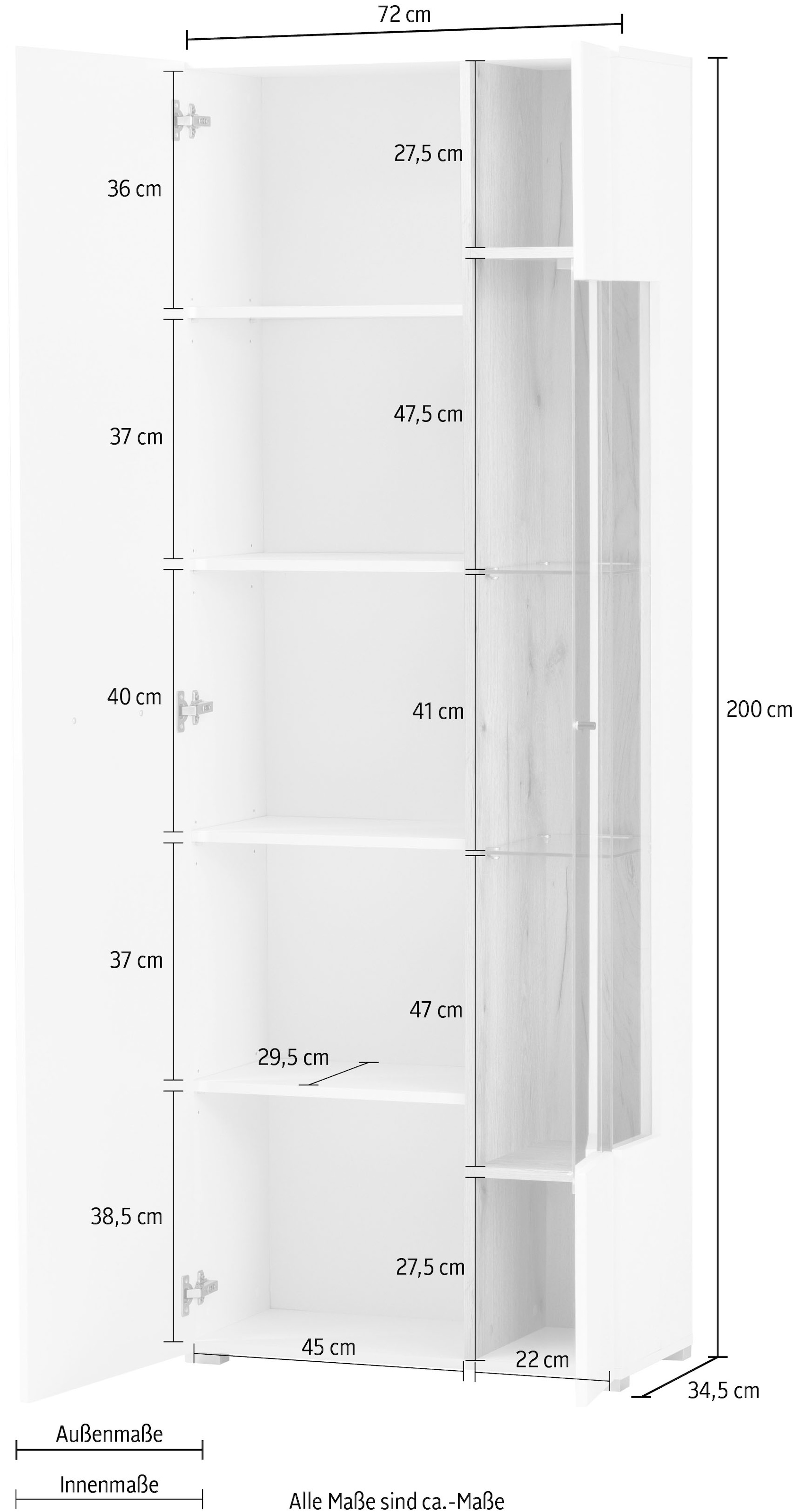INOSIGN Vitrine »Salerno Hochschrank, Glasvitrine, Weiß mit Eiche Evoke Dekor, modern.«, Metallgriffe, ausreichend Stauraum, vielseitig einsetzbar, 72 cm breit