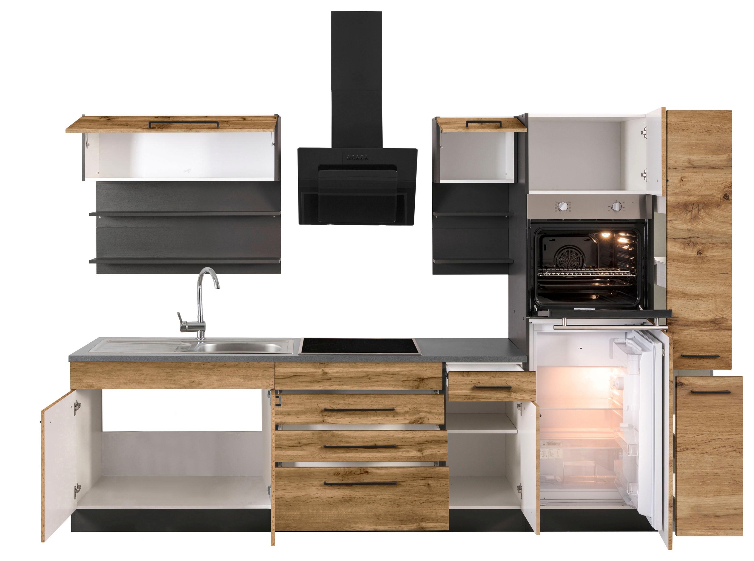 KOCHSTATION Küchenzeile »KS-Tulsa«, ohne E-Geräte, Breite 320 cm, schwarze Metallgriffe, MDF Fronten