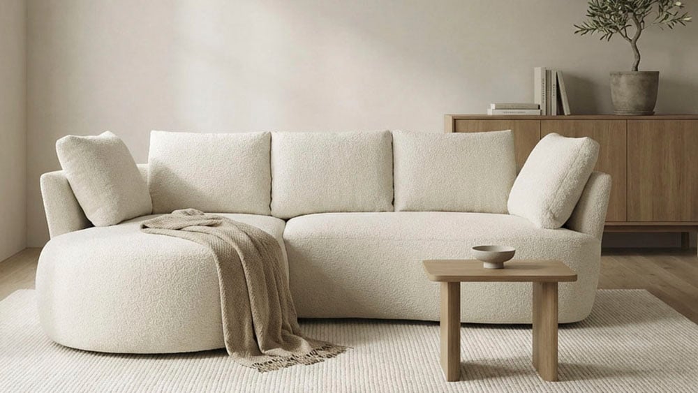 DOMO collection Ecksofa "Lumin, B/T: 267/170 cm, abgerunde Form, charmantes Design, cozy chic" Mit Federkern und 5 Rückenkissen ausgestattet