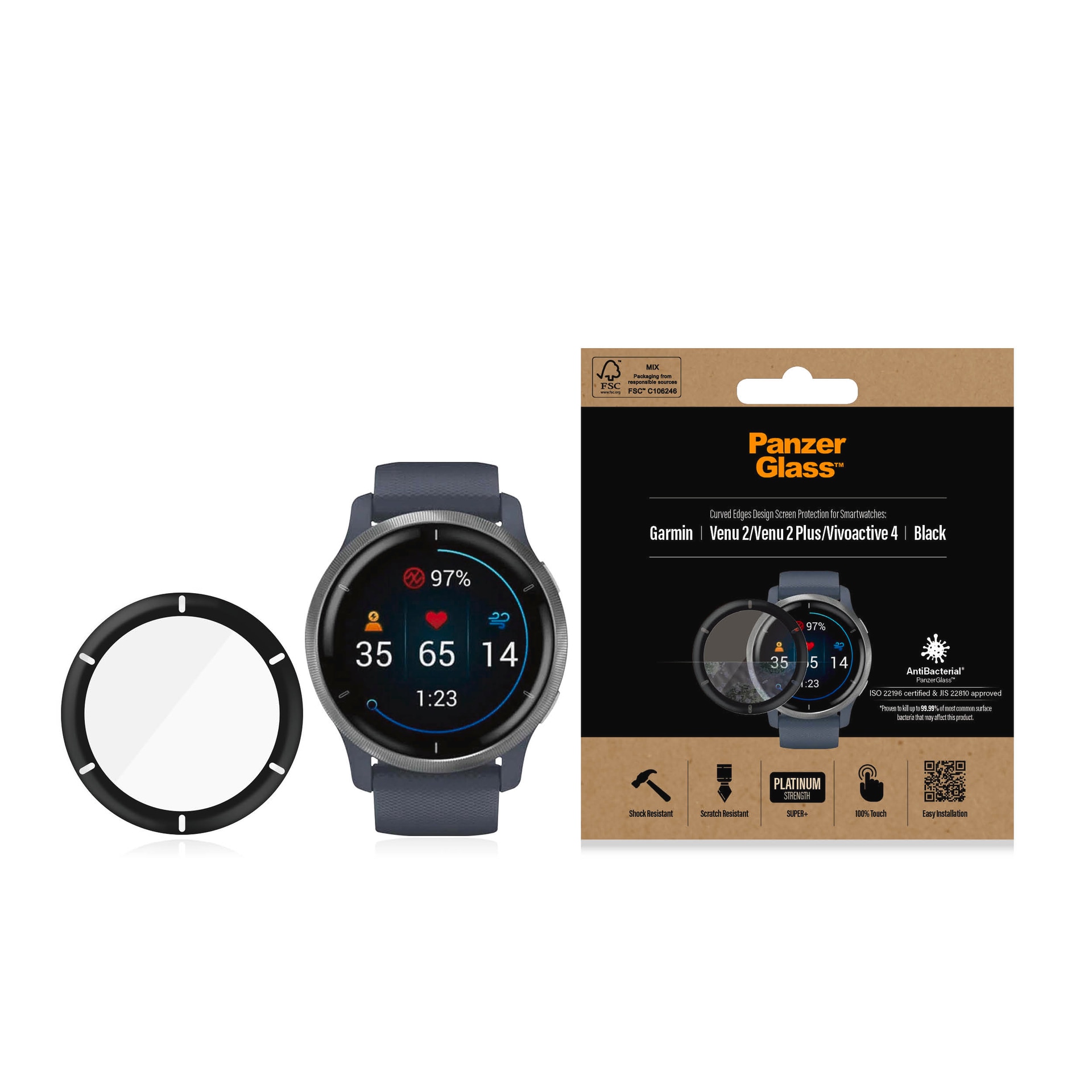 PanzerGlass Displayschutzglas »Curved Edges Design Screen Protection«, für Garmin Venu 2-Vivoactive 4, Displayschutzfolie, Schutzfolie, Bildschirmschutz, kratz- & stoßfest