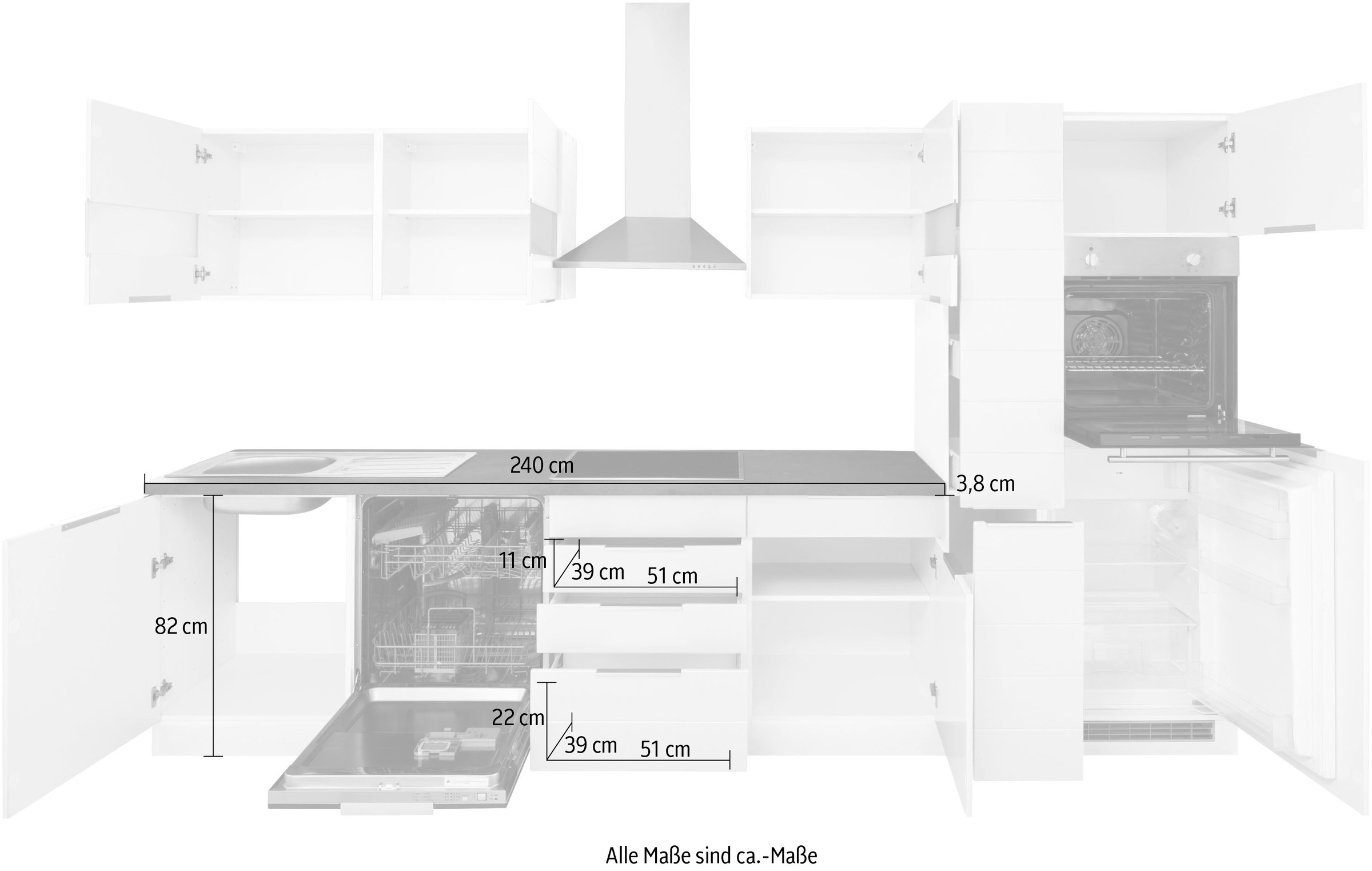 Kochstation Küche »KS-Luhe«, 330 cm breit, wahlweise mit oder ohne E-Geräten, gefräste MDF-Fronten