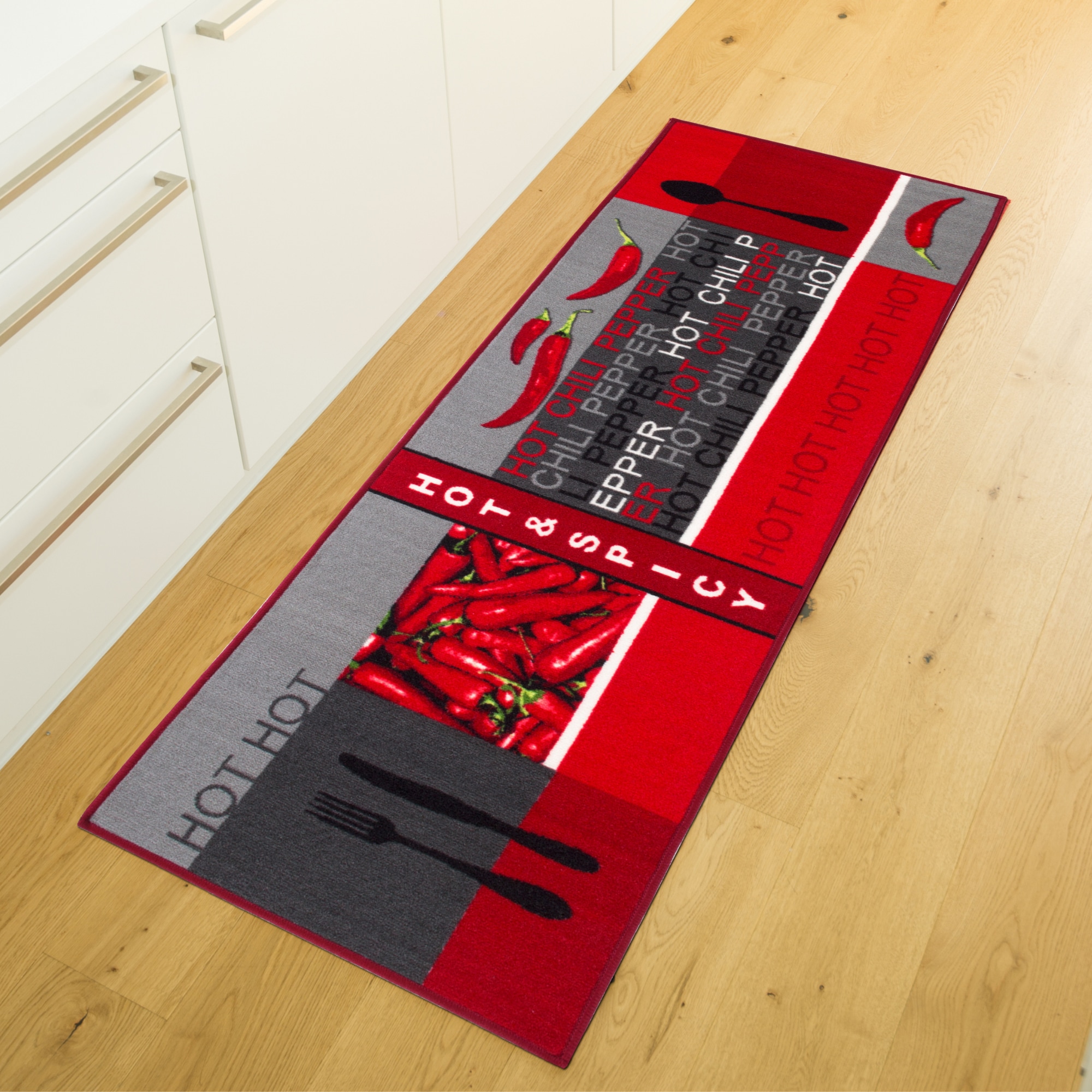 Küchenläufer ANDIAMO "Hot Pepper" Gr. 12, rot, B:67cm H:5mm L:200cm, Kunstfaser, Teppiche, Motiv Peperoni/Chili, Küche, waschbar, Kundenliebling