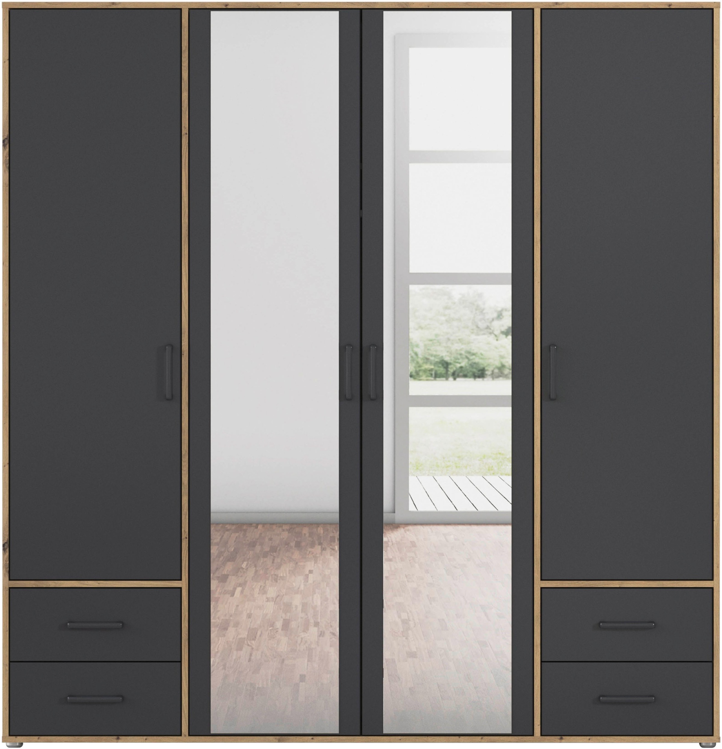 rauch Drehtürenschrank »Kleiderschrank Schrank Garderobe Wäscheschrank VOYAGER«, (in 3 verschiedenen Ausstattungen BASIC/CLASSIC/PREMIUM), mit modernen Griffen in Graumetallic, inkl. Schubkästen und Spiegel