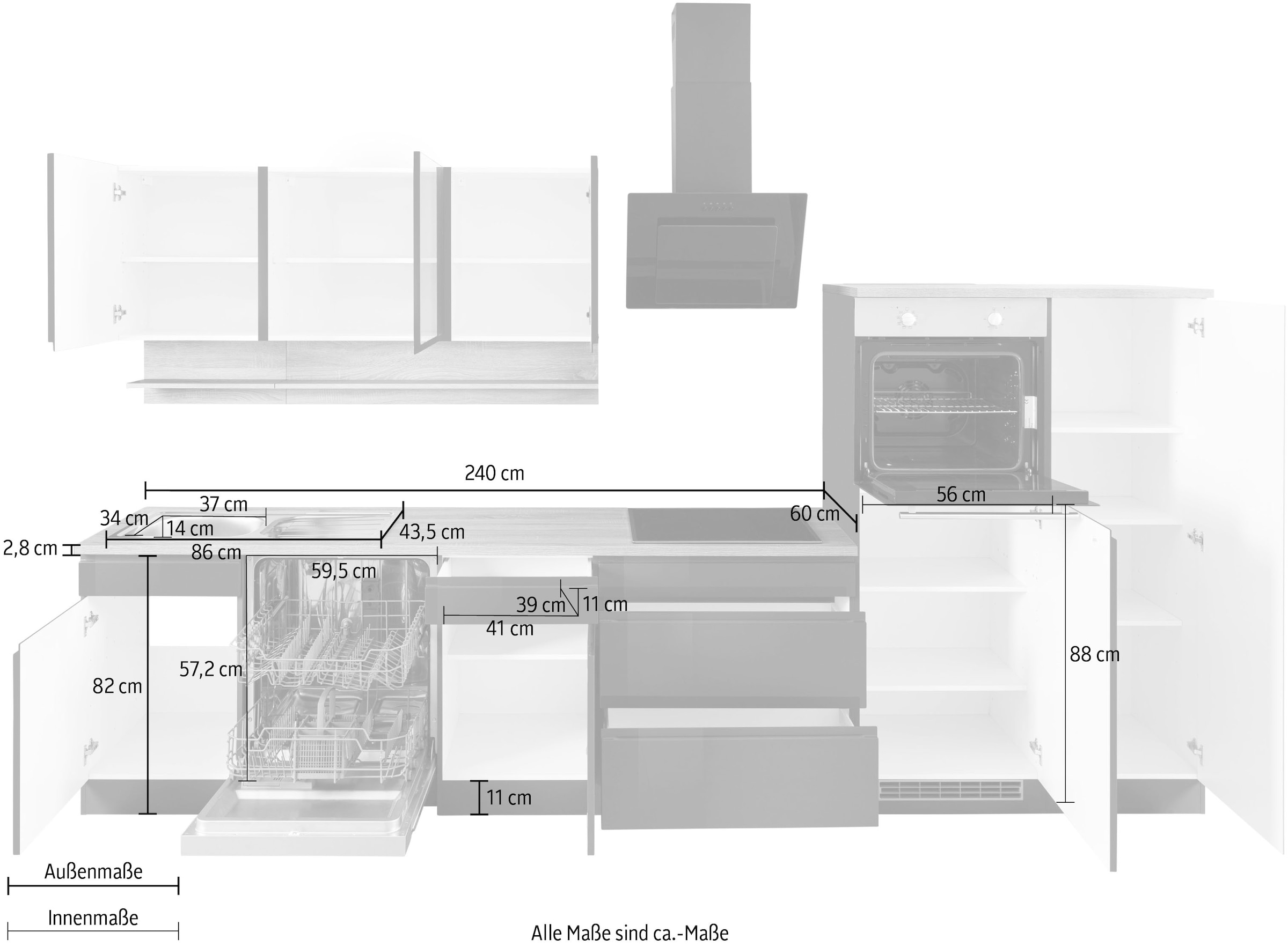 KOCHSTATION »KS-Virginia,neu in verbesserter Ausführung« Arbeitsplatte 38 mm stark, Stauraum, Softclose,  Breite 350 cm, Soft-Close, ohne E-Geräte