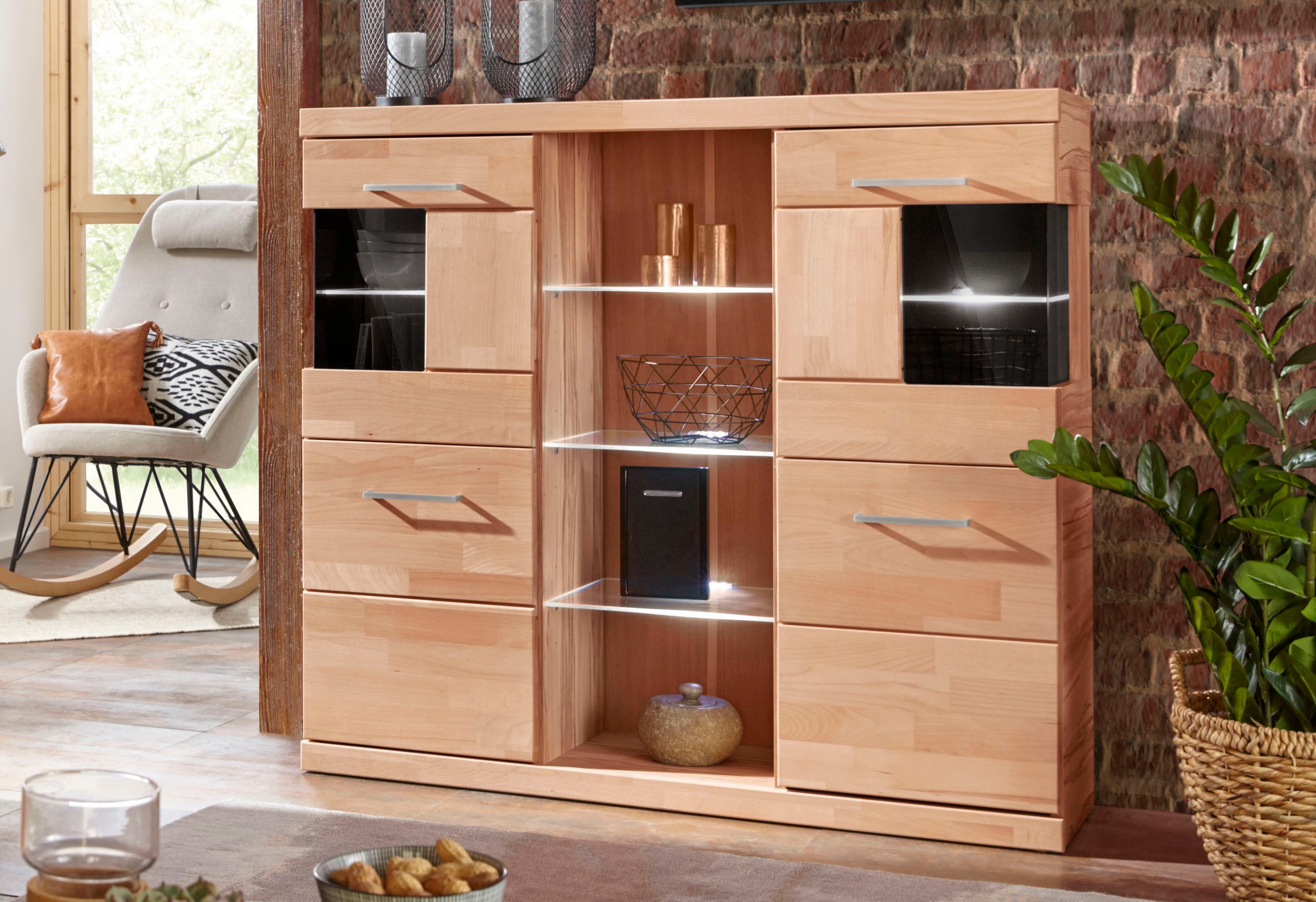 Home affaire Highboard "Ribe,120cm breit,112cm hoch,Oberplatte massiv,12 Fä günstig online kaufen