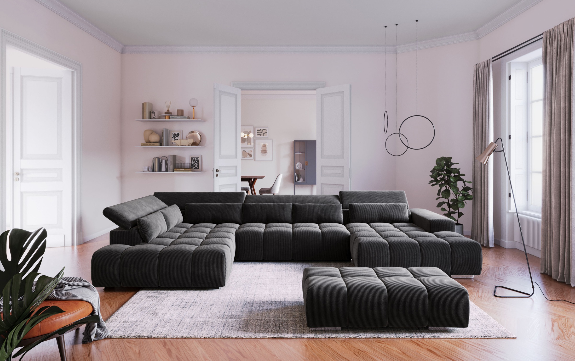 Wohnlandschaft COTTA "Orion U-Form", charcoal, B:409cm H:73cm T:225cm, 100% Polyester, Sofas, Wohnlandschaft, mit Kopfteilverstellung & 6 Nierenkissen