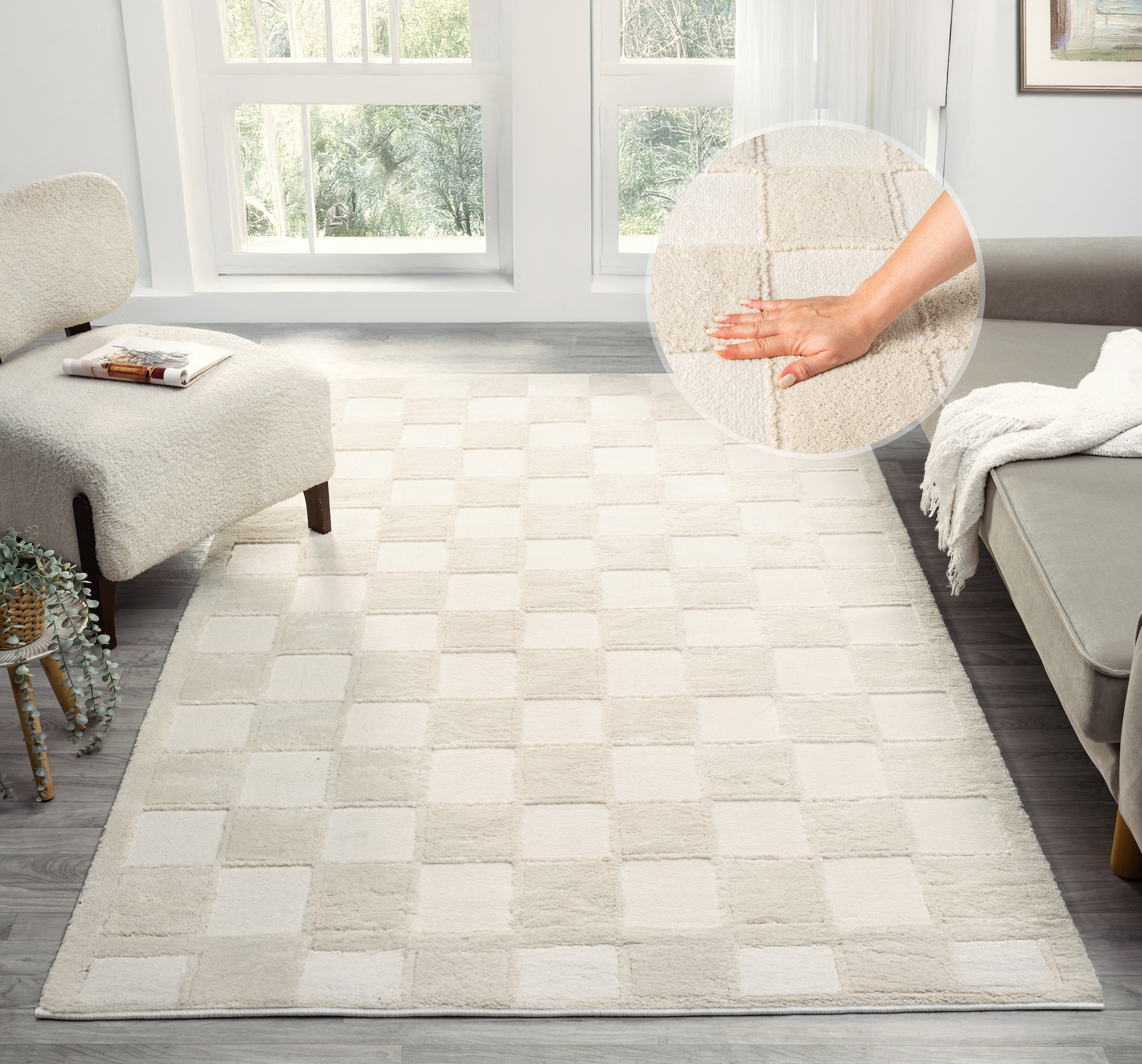 Teppich OTTO HOME "Belion, Hoch-Tief-Struktur, Karo-Muster", creme, B:80cm H:19mm L:150cm, Kunstfaser, Teppiche, Teppich, leichter Glanz, Schachbrettmuster, Modern, Wohnzimmer, Schlafzimmer