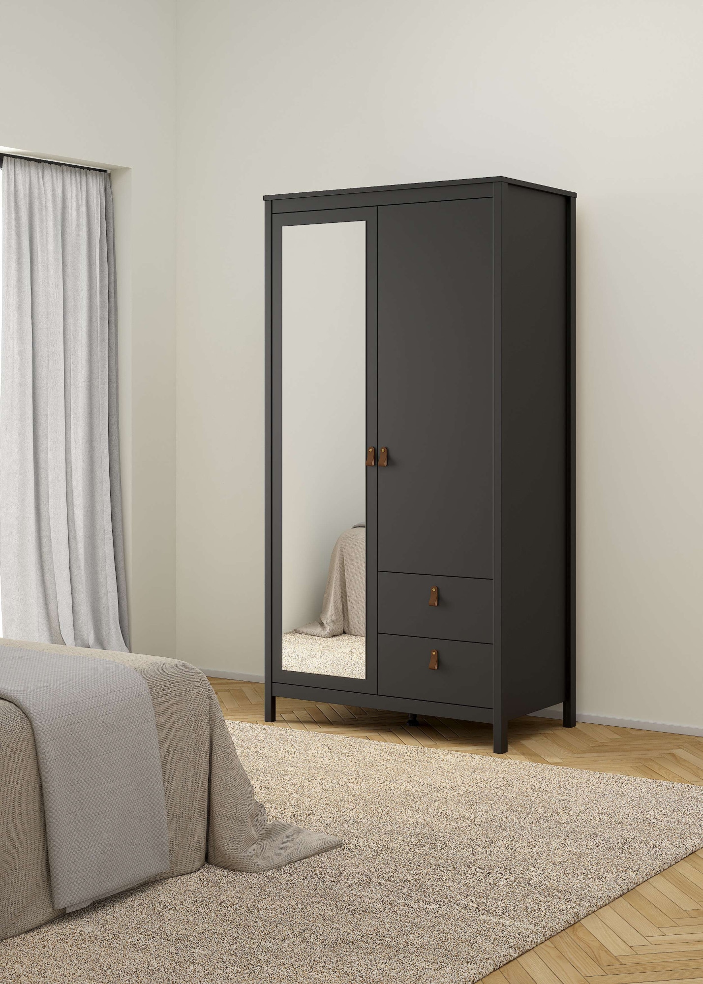 Home affaire Drehtürenschrank "Madrid, Schrank, Kleiderschrank" Skandinavisches Design, Wahlweise Leder- oder Metallgriffe, Spiegel