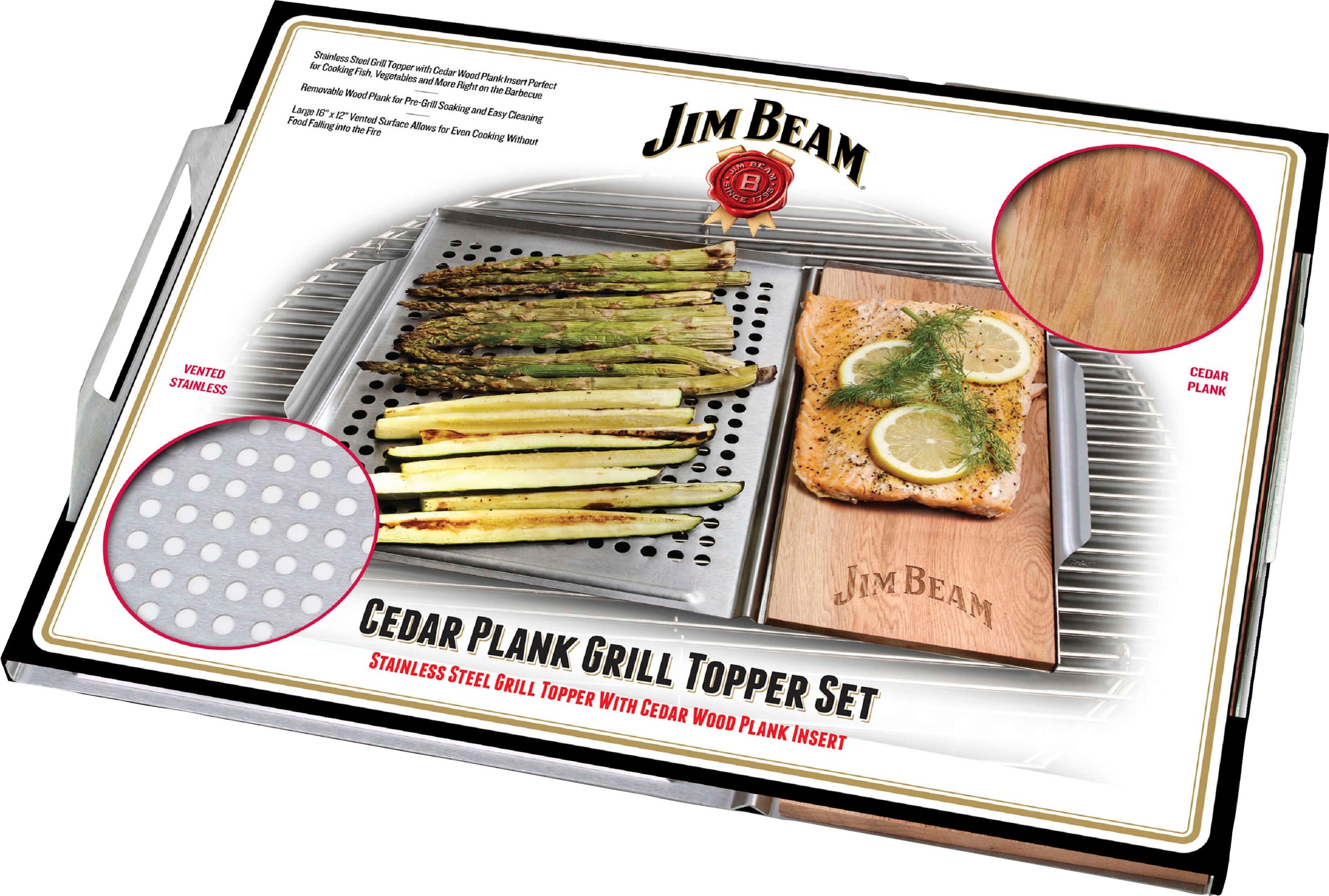 Thumbnail - Jim Beam BBQ Grillerweiterung "Edelstahl-Platte" 59x30 cm, mit Zedernholz Räucherbrett für Grillgut, Fisch, Gemüse