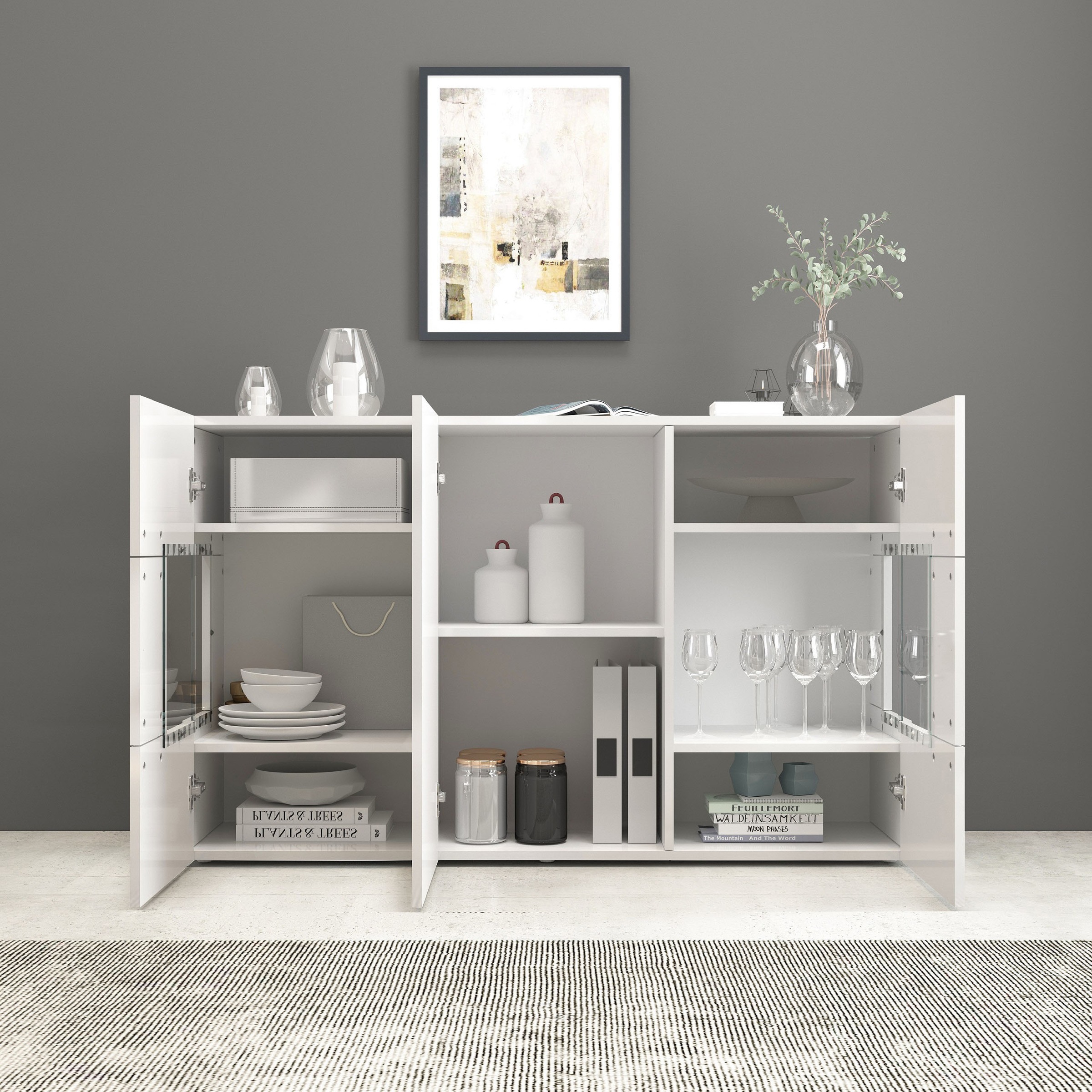INOSIGN Sideboard »Egypt, Kommode, Schrank, Kredenz, Vitrine grifflos«, 3 Türen davon 2 mit Glaseinsatz, kompl. Hochglanz lackiert Breite 135
