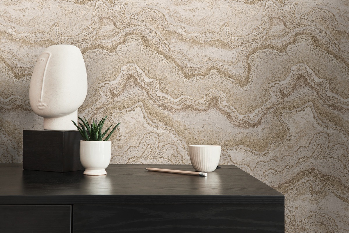 Living Walls Vliestapete "Stories Of Life Malachit Marmoroptik Vliestapete Beige Gold" Abstrakt Glänzend Organisch Geprägt Metallic Tapete