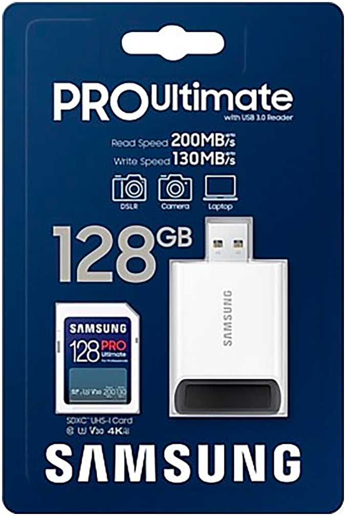 Samsung Speicherkarte »SD PRO Ultimate + USB Adapter« (128 GB Video Speed Class 30 (V30)/UHS Speed Class 3 (U3) 200 MB/s Lesegeschwindigkeit)