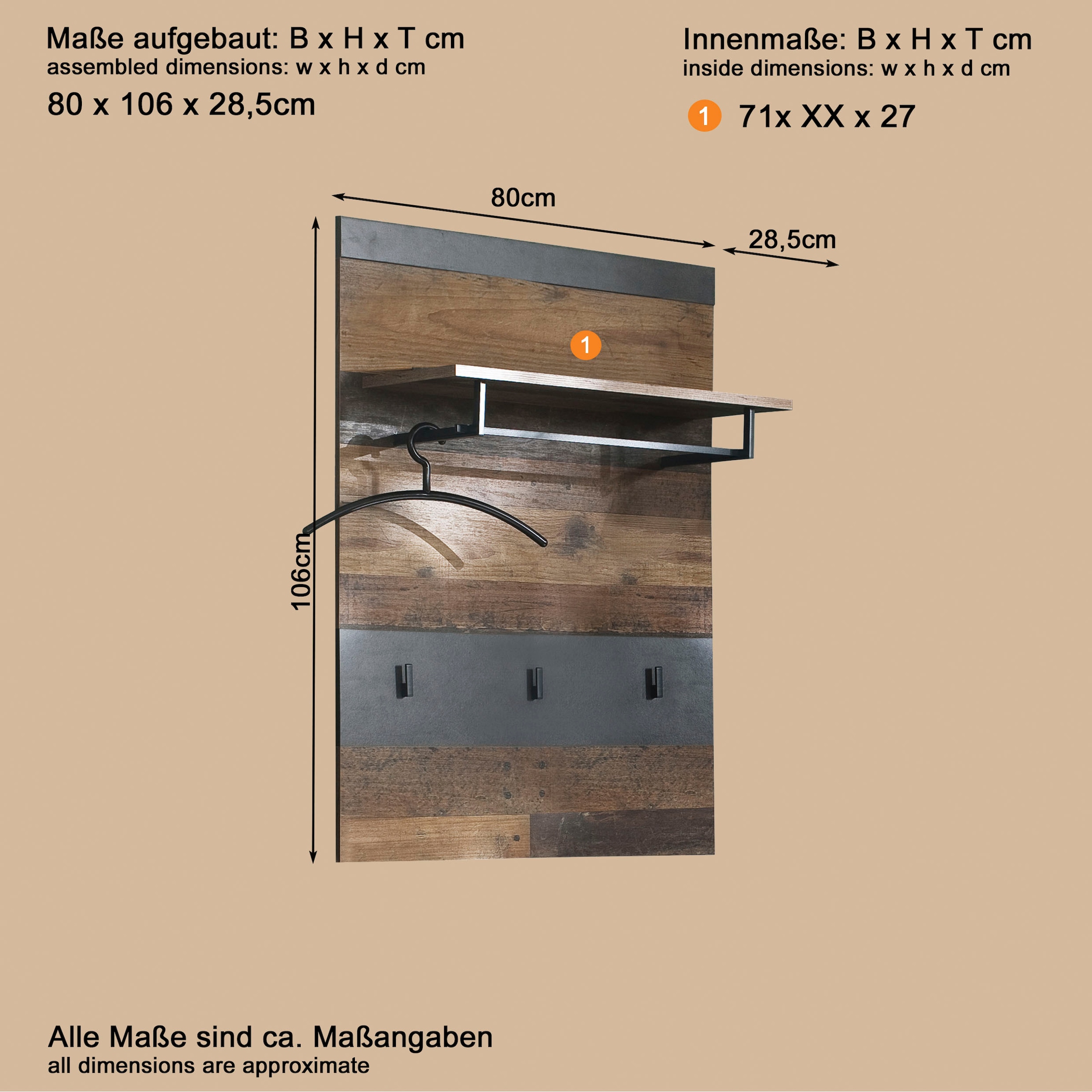 INOSIGN Garderobenpaneel »Ilana«, Garderobenpaneel mit Ablage & Haken - (B/T/H) 80/29/106 cm
