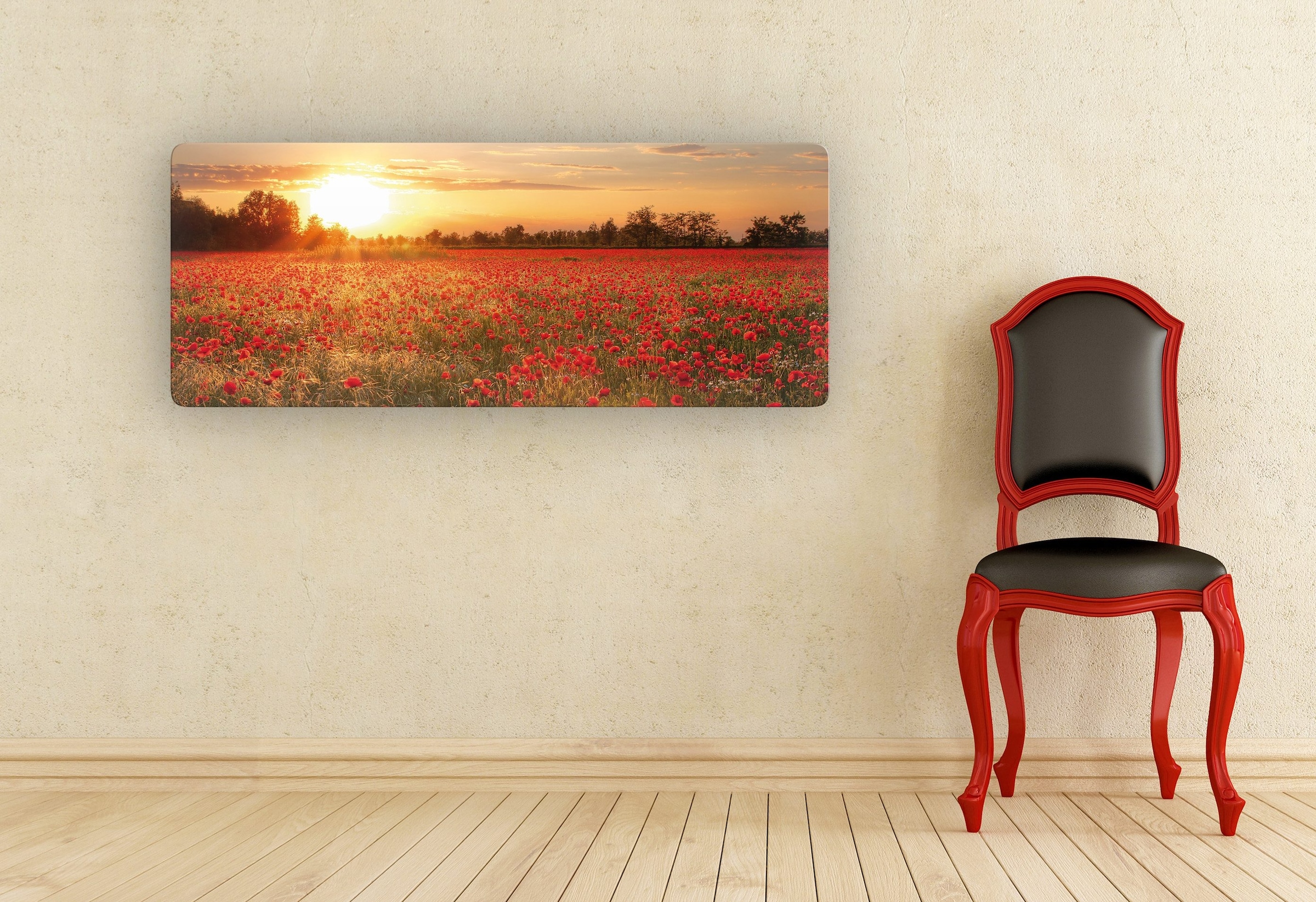 Wall-Art Glasbild »Mohnfeld im Sonnenuntergang Panorama«, Gebäude, Glasposter modern