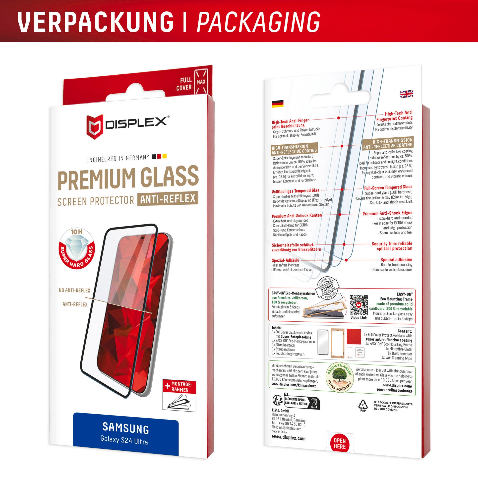 Displex Displayschutzglas »Premium Glass Full Cover Anti-Reflex«, für Samsung Galax S24 Ultra, (1 St.), Displayschutzfolie, Schutzfolie, Bildschirmschutz, kratz- & stoßfest