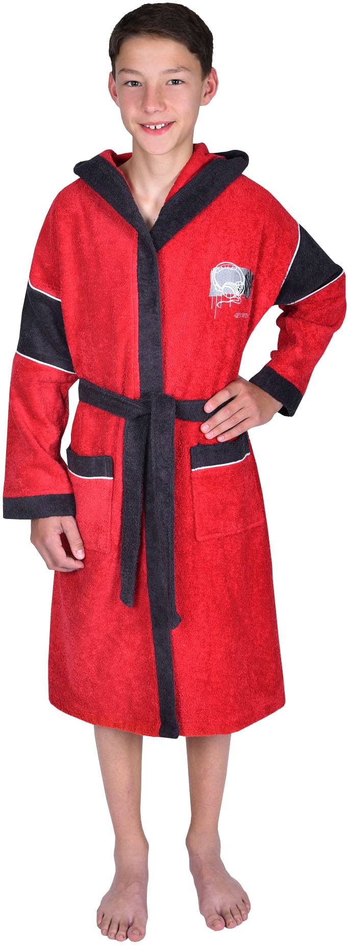 Kinderbademantel WÖRNER, L:95cm, rot, Baumwoll-Webfrottier, Hausmäntel, "Headphones", mit Stickerei, mit Taschen, maschinenwaschbar, trocknergeeignet