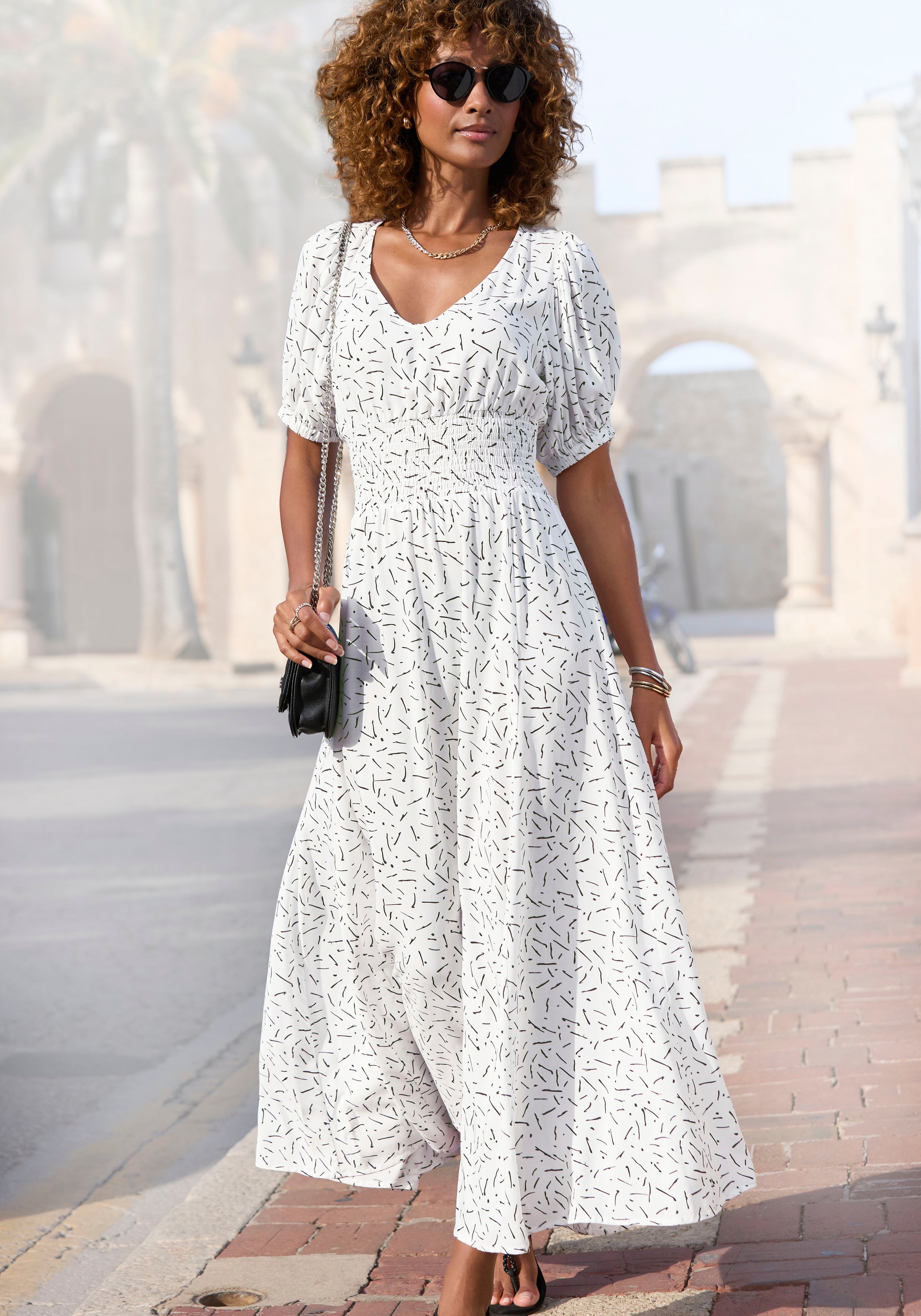 LASCANA Maxikleid "mit Alloverdruck und V-Ausschnitt aus Webware" Ohne Taschen Sommerkleid mit Puffärmeln, Elegantes Webkleid, Strandkleid