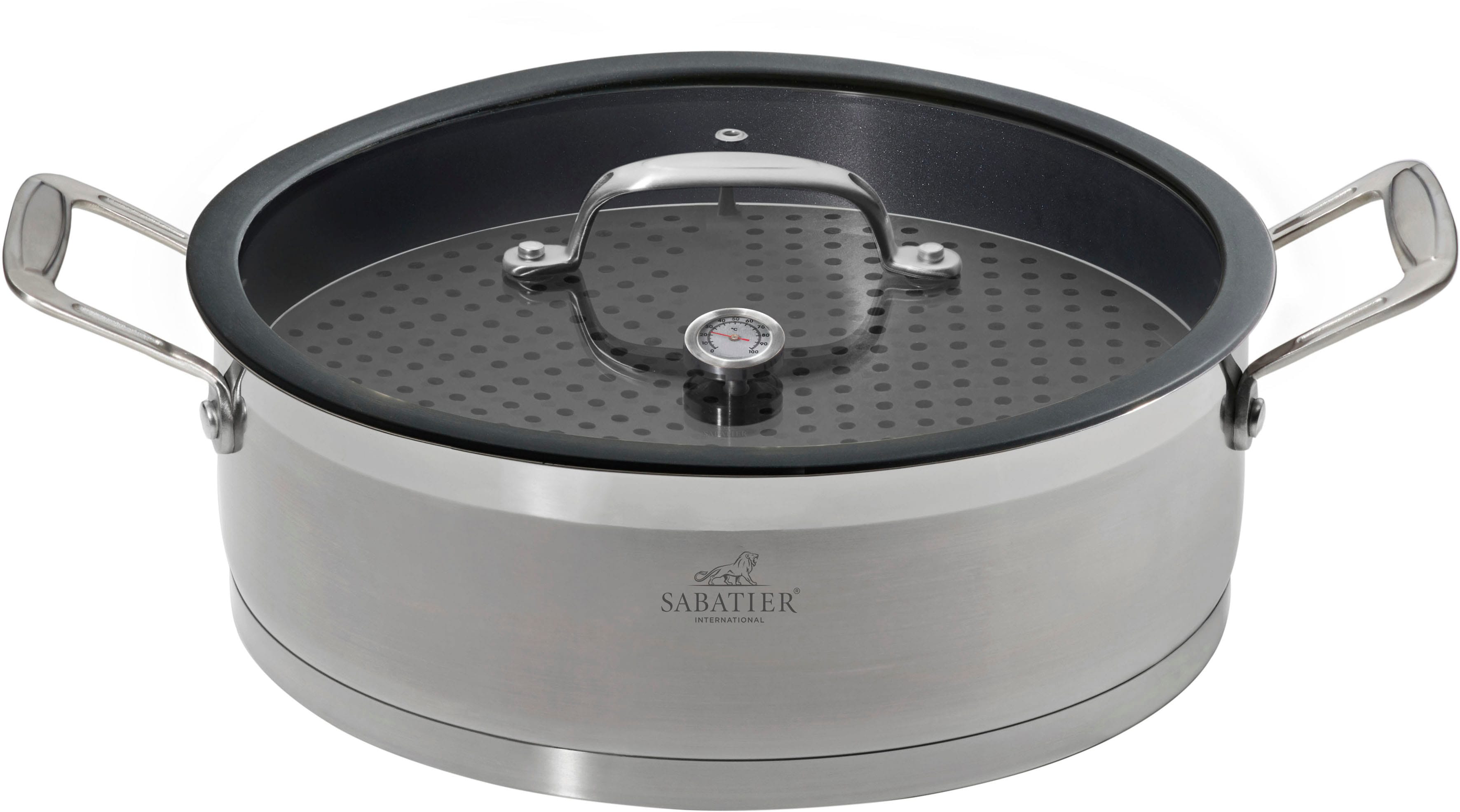 SABATIER International Servierpfanne Edelstahl 18/10 1xDampfgarer, 1xGarrost, 1xEinleger, 1xGlasdeckel mit Dampfauslass, 4 Stk. tlg. Teflon™ Antihaft, Induktion, Ø28cm, inkl. Rost, Silikoneinlage&Deckel