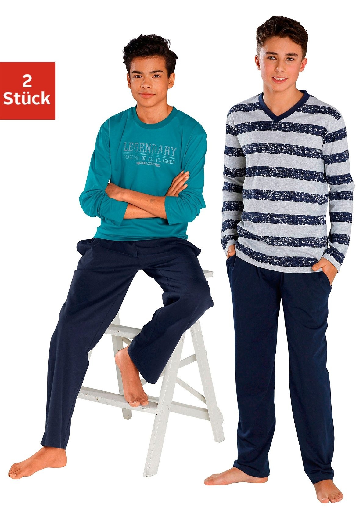 le jogger Pyjama "mit Streifen und Print" 4 tlg. langer Schlafanzug gestreift und bedruckt, aus Baumwolle