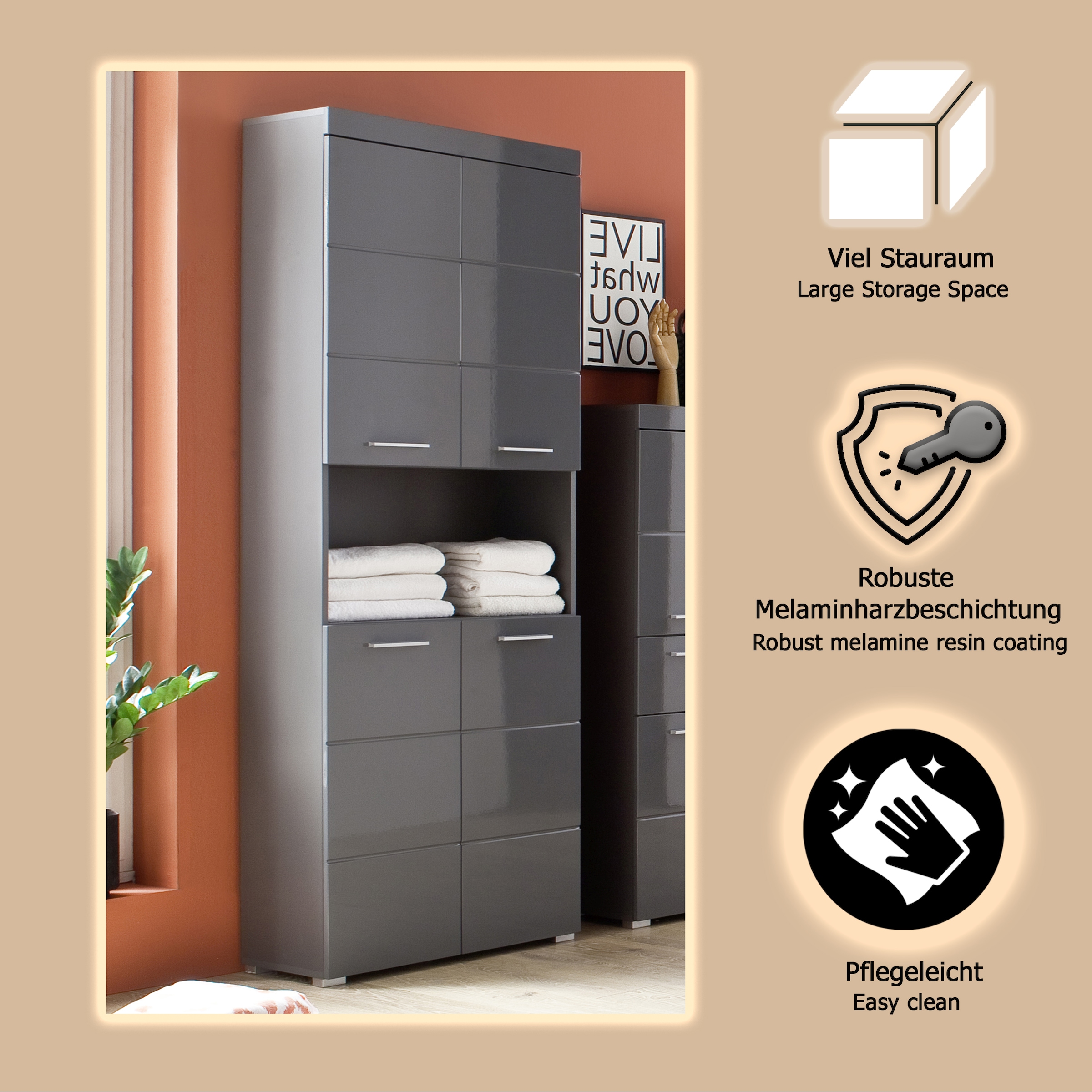 welltime Hochschrank »Avena«, Badschrank 4-türig mit o. Fach und 4 Einlegeböden - B/T/H 73/31/190 cm
