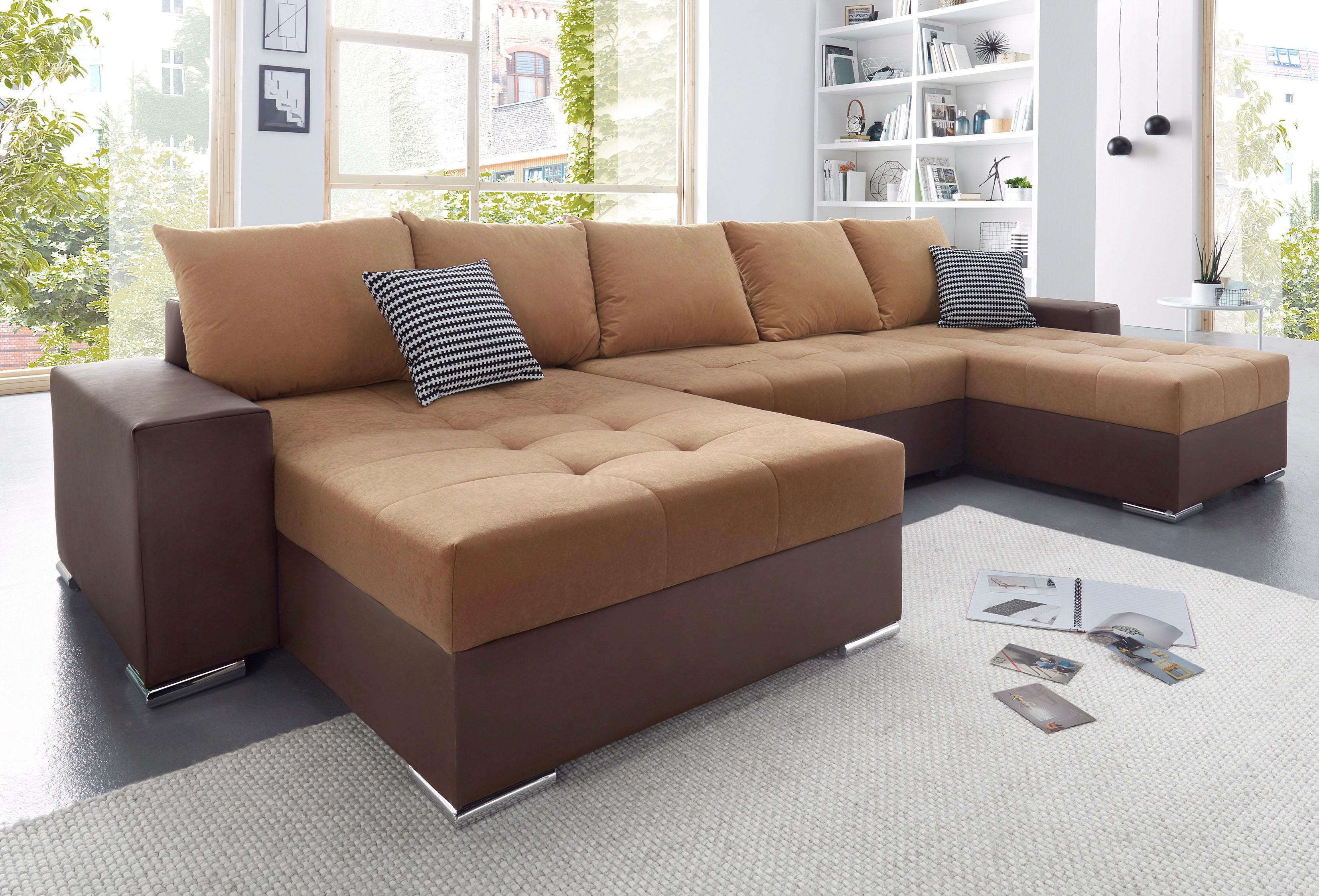 COLLECTION AB 1100000002199 "Josy XXL U-Form, B: 333 cm, mit 2 Recamieren 77 & 97 cm" Schlaffunktion, Bettkasten & 2 Zierkissen, Federkern