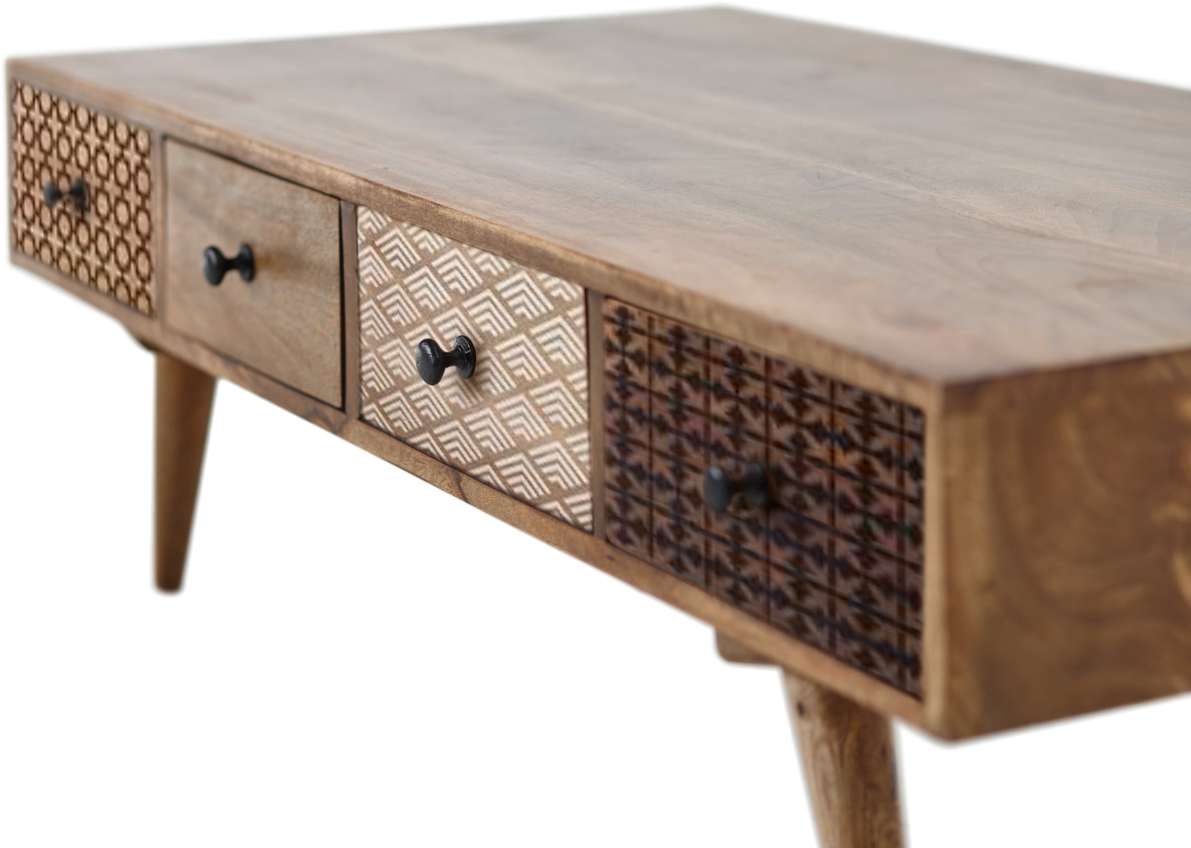Stolkom Couchtisch »Shari Wohnzimmertisch mit Schubladen, Massivholz BxHxT 117x36x60 cm«, Mango Massivholz, 8 Schubkästen mit verschieden gemusterten Fronten