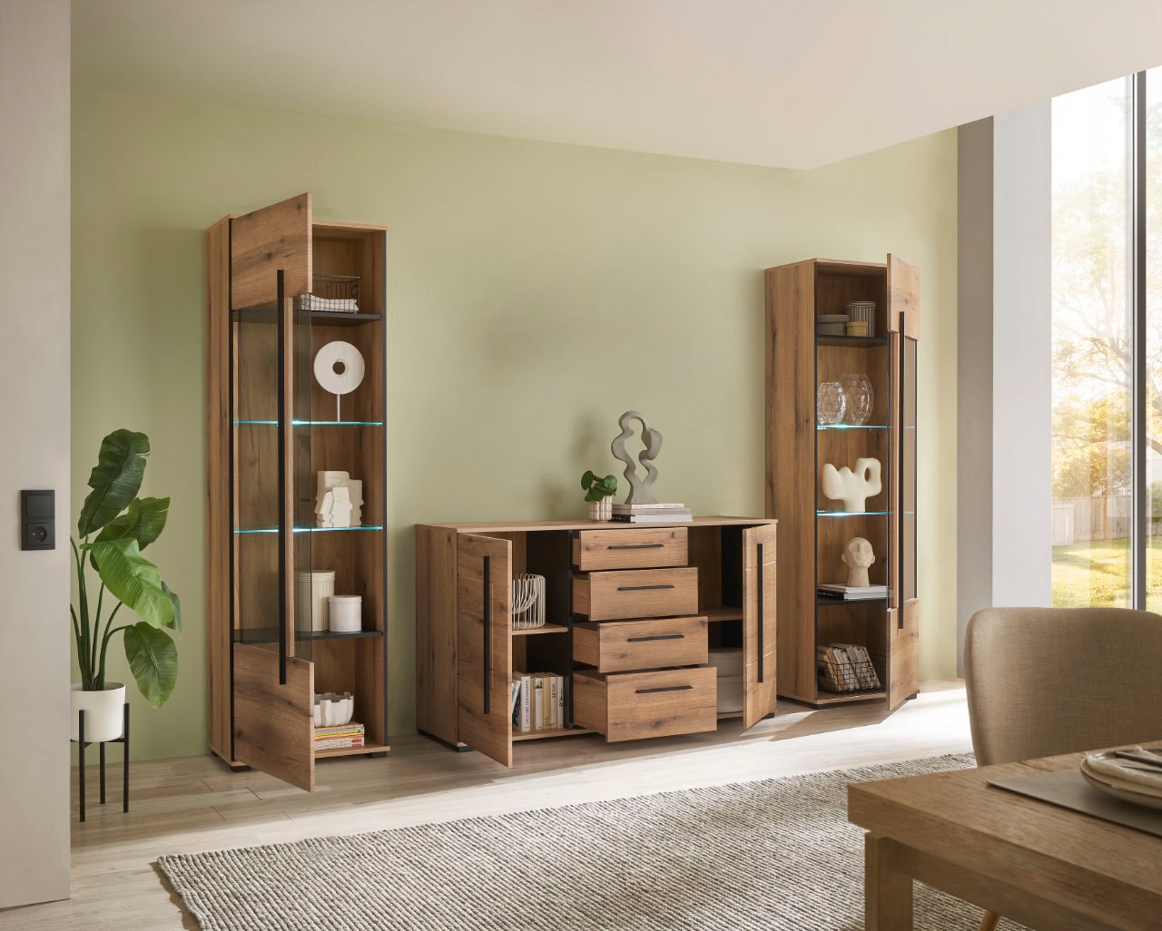 INOSIGN Wohnwand »Cantara, moderne Anbauwand, Wohnzimmer-Set, in Eiche Evoke oder Weiß«, (Set), enthält zwei Vitrinen und ein Sideboard
