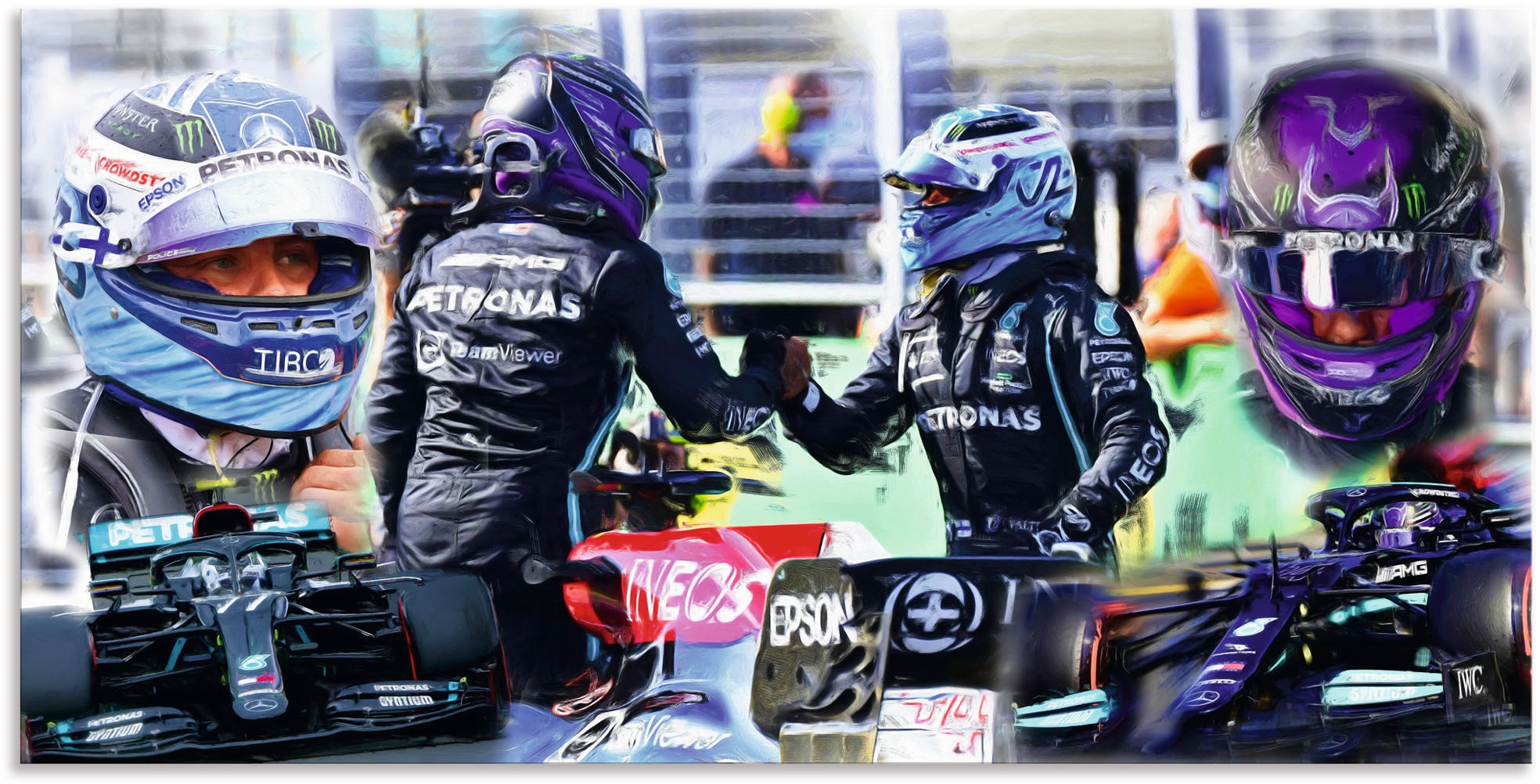Artland Wandbild »Teamgeist Valtteri Bottas Lewis Hamilton«, Auto, (1 St.), als Alubild, Leinwandbild, Wandaufkleber oder Poster in versch. Größen