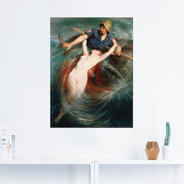 Black Friday Artland Wandbild »Ein Fischer in den Fängen einer Sirene.«,  klassische Fantasie, (1 St.), als Leinwandbild, Wandaufkleber oder Poster  in versch. Größen | BAUR