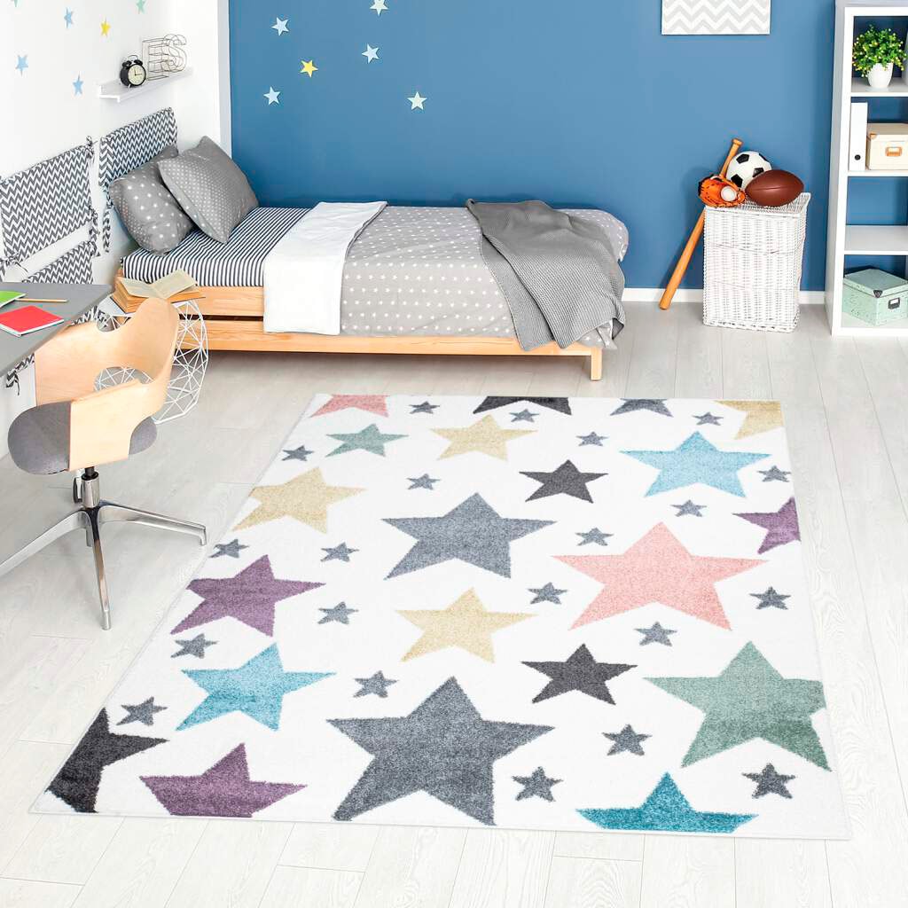 Carpet City Kinderteppich "ANIME903", rechteckig, 11 mm Höhe, Kinderzimmer Teppich Modern mit Mond, Blumen, Wolken, Crem