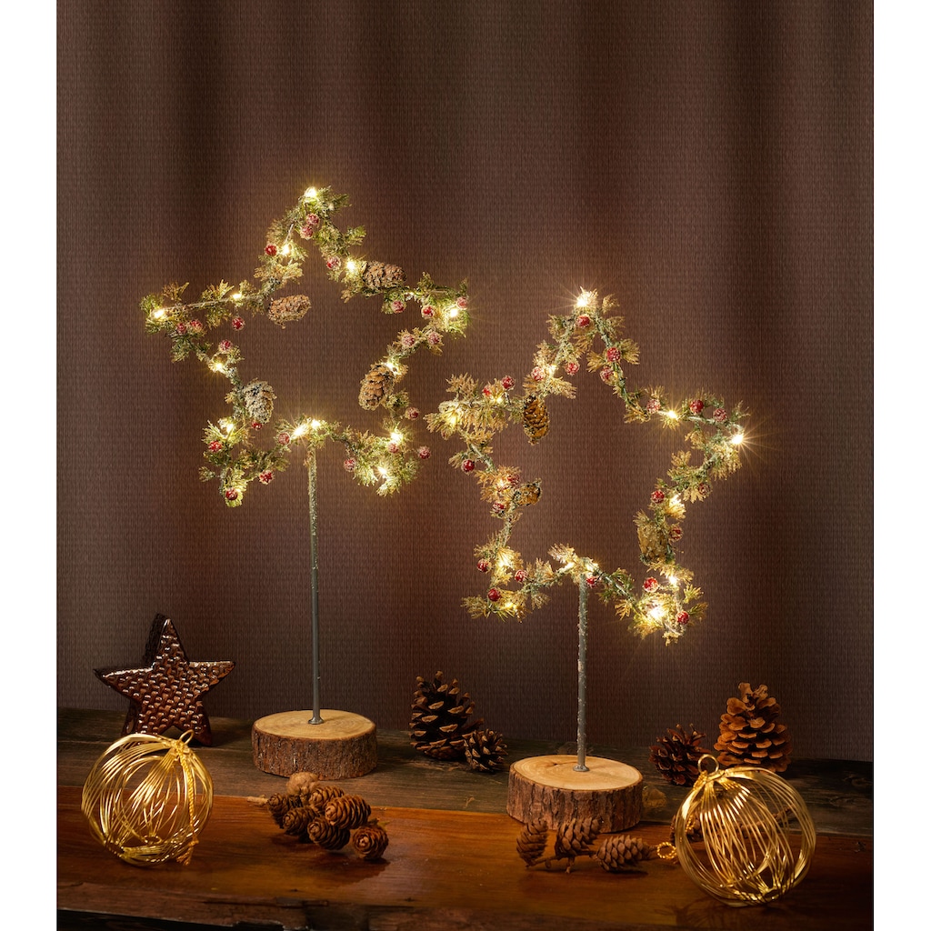 BONETTI LED Stern »Früchte und Zapfen«, 2 St., Warmweiß, 2er Set, mit Holzfuß, Höhe ca. 39 cm + 49 cm