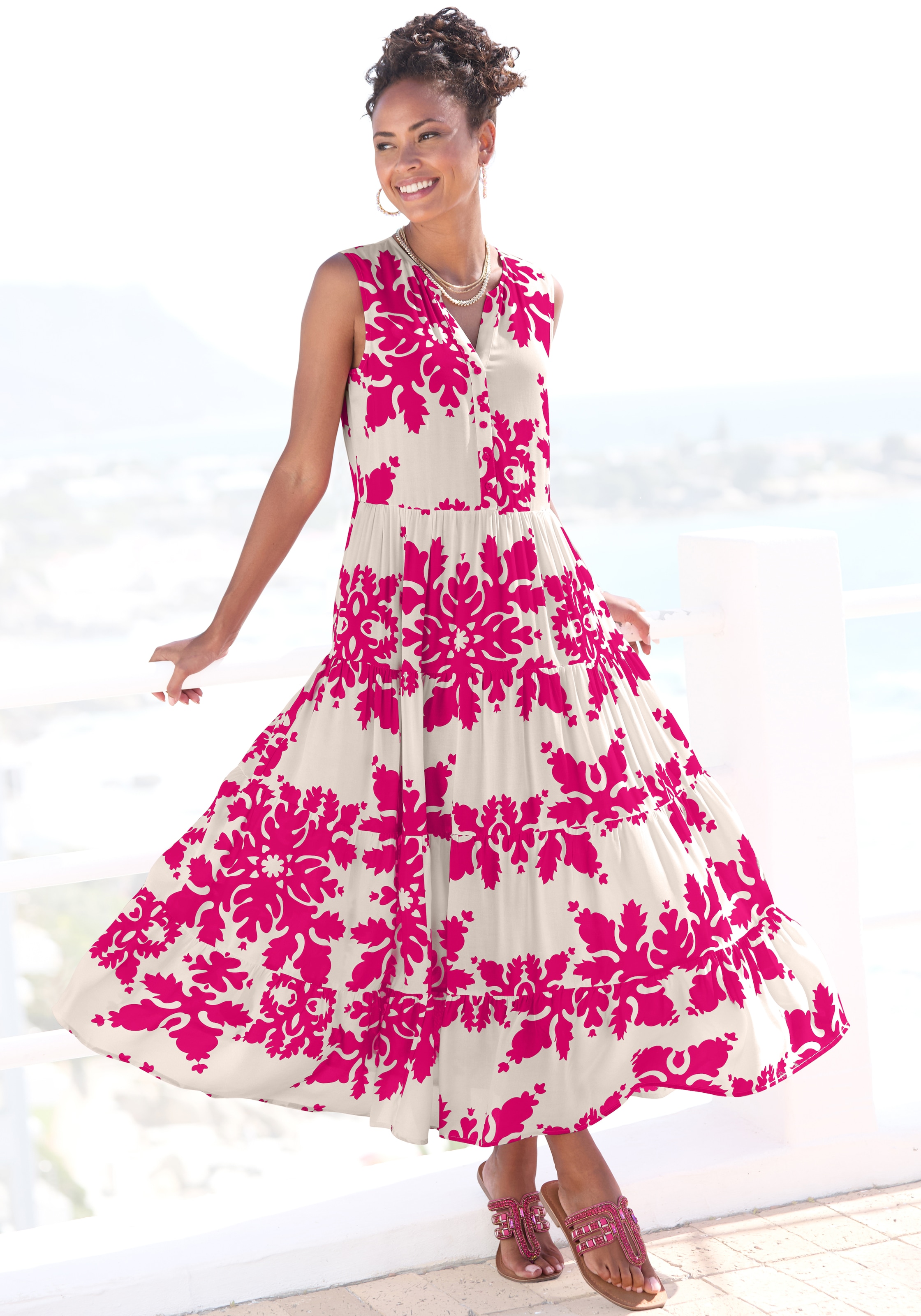 Vivance Maxikleid "mit Volants und Alloverdruck" Ärmelloses Sommerkleid, Webkleid, Strandkleid, Druckkleid, Tunikakleid
