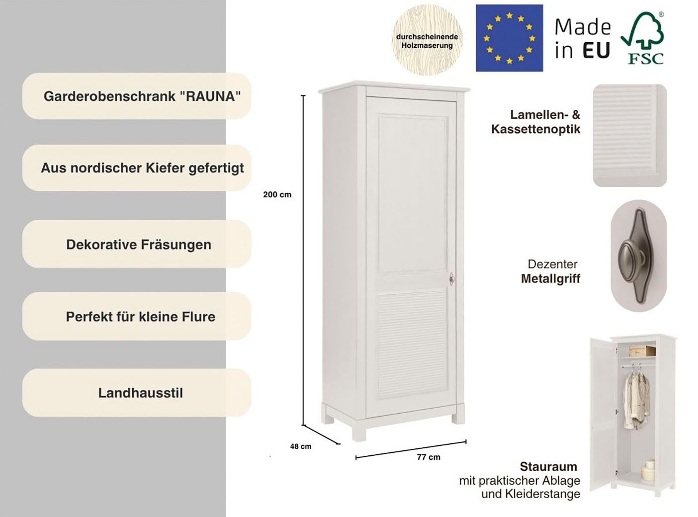 Thumbnail - Home affaire Garderobenschrank "Rauna", aus massiver Kiefer, FSC, mit dekorativen Fräsungen