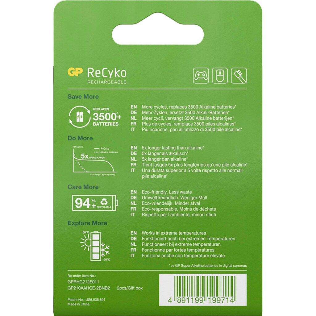 GP Batteries Batterie »2er-Pack ReCyko 210AAHC«, (2 St.)