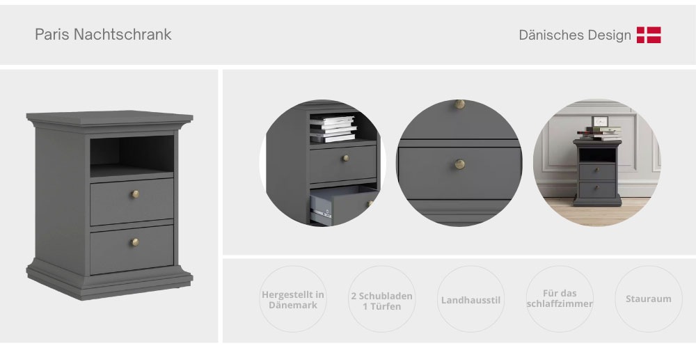 Home affaire Nachttisch »Paris, Nachtkommode, Nachtschrank, Beistelltisch, elegant«, Mit 2 Schubladen & 1 Einlegeboden, Landhausstil, runde Griffe, staurum
