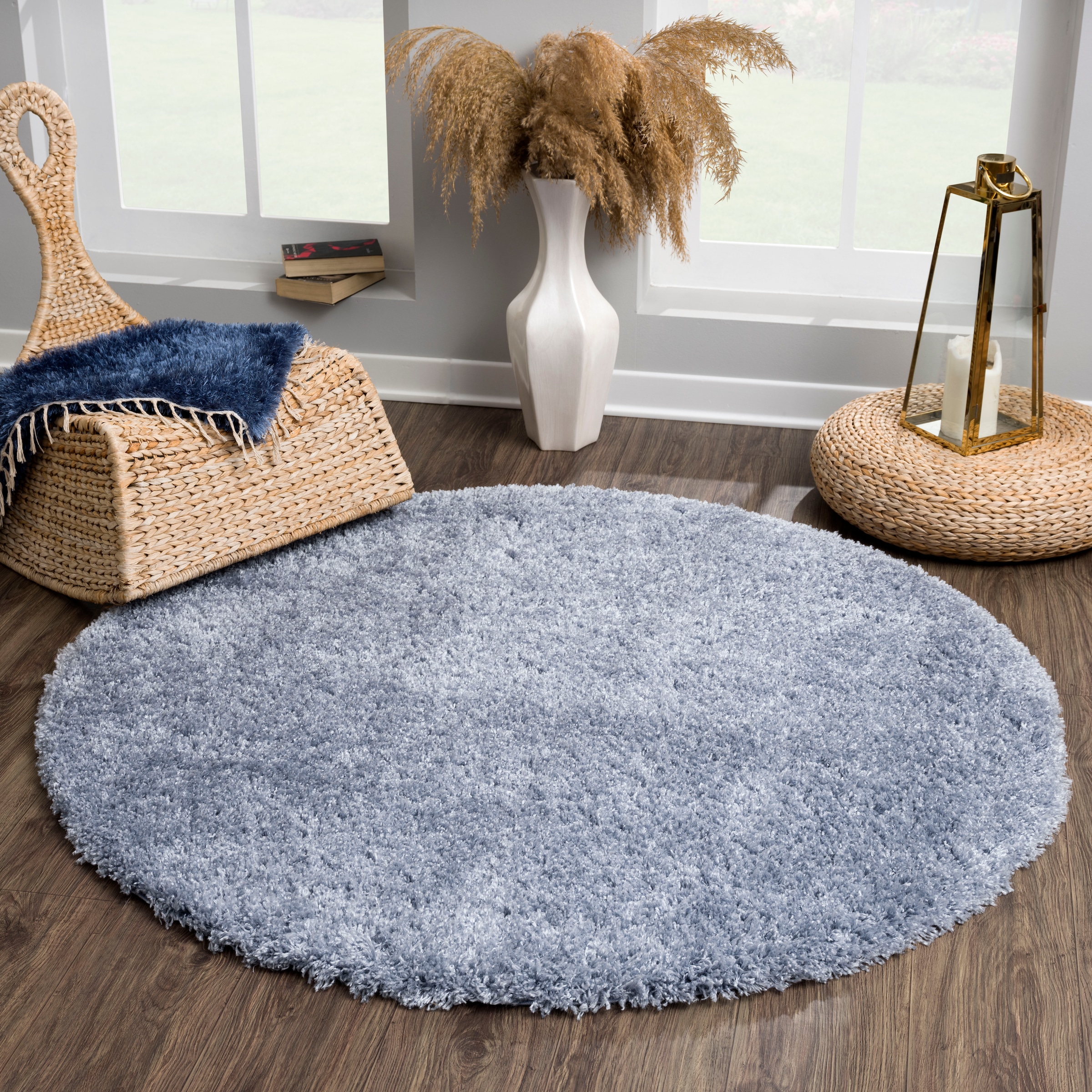 Hochflor-Teppich SANAT "Porto", blau, H:45mm Ø:120cm, Kunstfaser, Teppiche, Wohnzimmer, Langflor, Shaggy Teppich