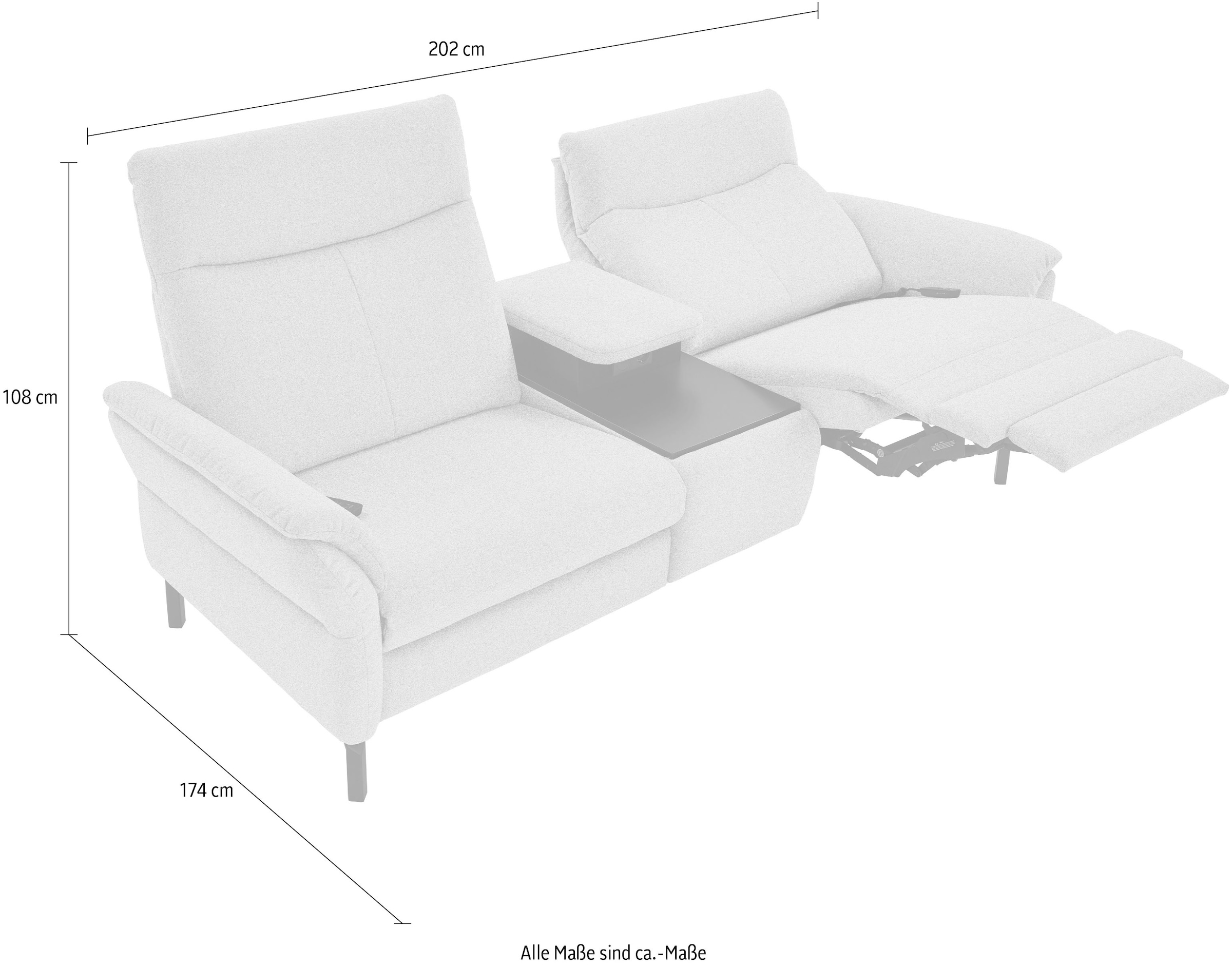 Places of Style 2-Sitzer »Sisto, inklusive 2x Relaxfunktion motorisch mit Herz-Waage-Beschlag«, Zwischenelement mit Tisch, Steckdose & USB-Ladestation