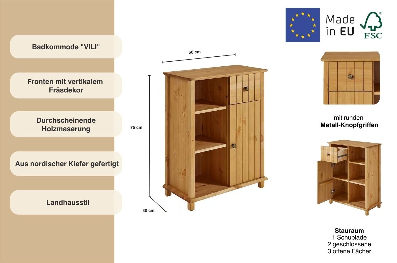 Home affaire Badkommode »Vili«, Badezimmerschrank, Unterschrank, Breite 60 cm, aus Massivholz